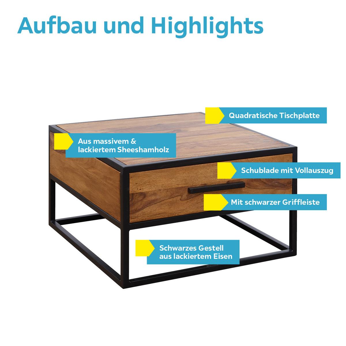 Couchtisch Holz Massiv Mit Schublade, Sheesham - Sheeshamfarben/Schwarz, Design, Holz/Metall (65/65/38cm) - MID.YOU