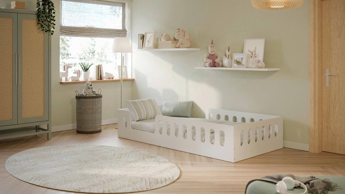 Kinder-/Juniorbett Timon Weiß B: 80cm - Birkefarben/Weiß, MODERN, Holz/Holzwerkstoff (80/160cm) - MID.YOU