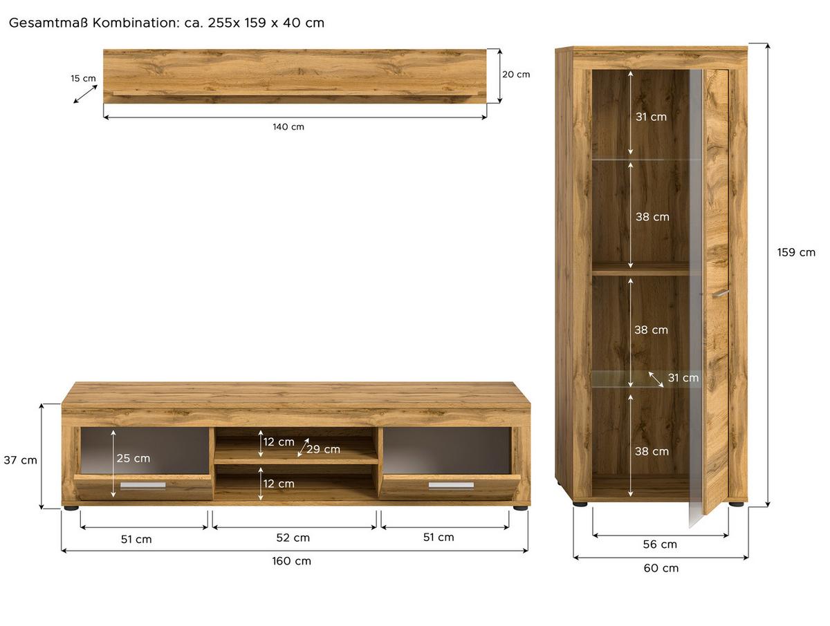 Wohnwand Eiche Dekor 3-Teilig B: 235 Cm - Eiche Wotan/Schwarz, Design, Glas/Holzwerkstoff (235/159/35cm) - MID.YOU