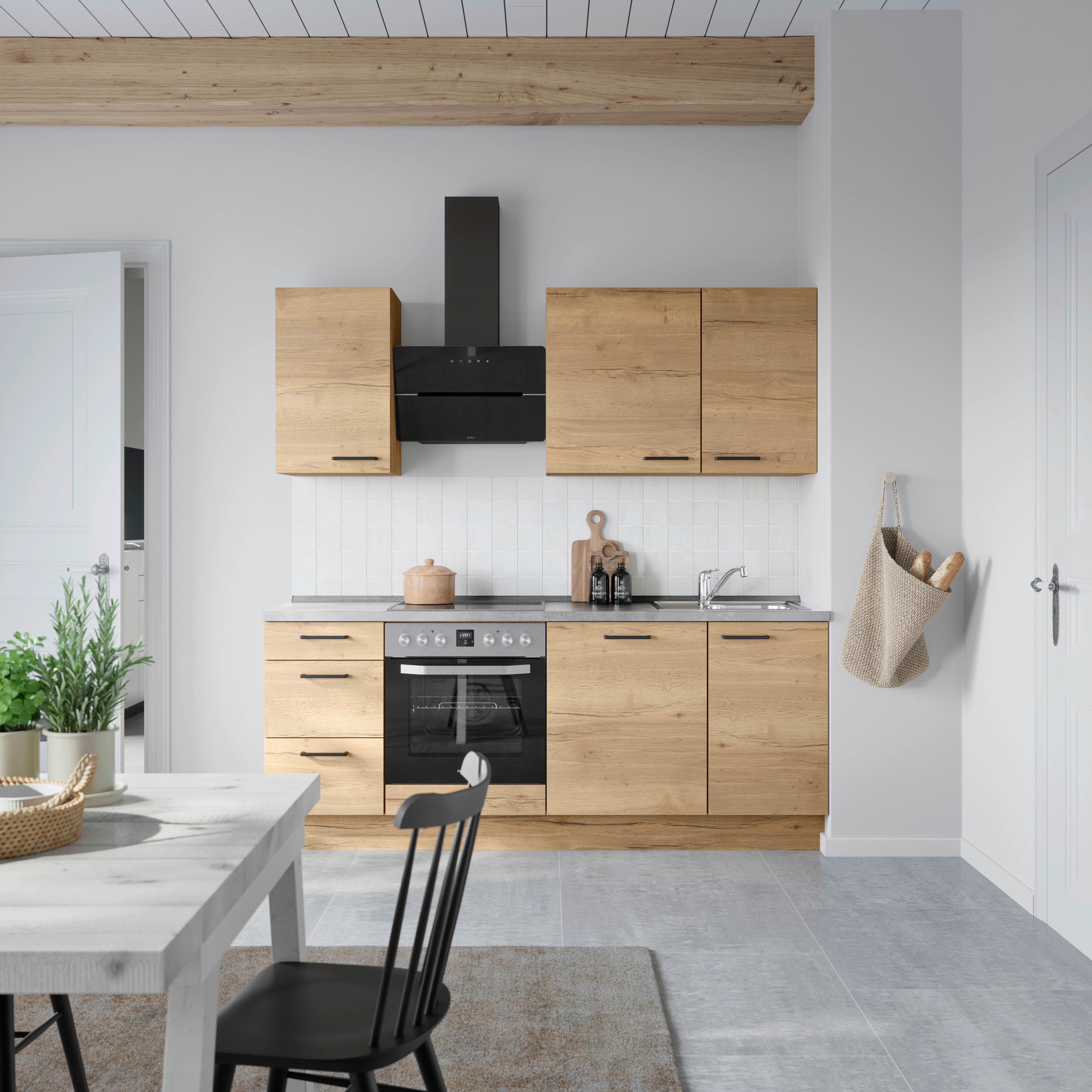 Kuchynská linka 210 cm, dub Sierra - čierna/farba duba, Modern, kov/kompozitné drevo (210cm) - Nobilia