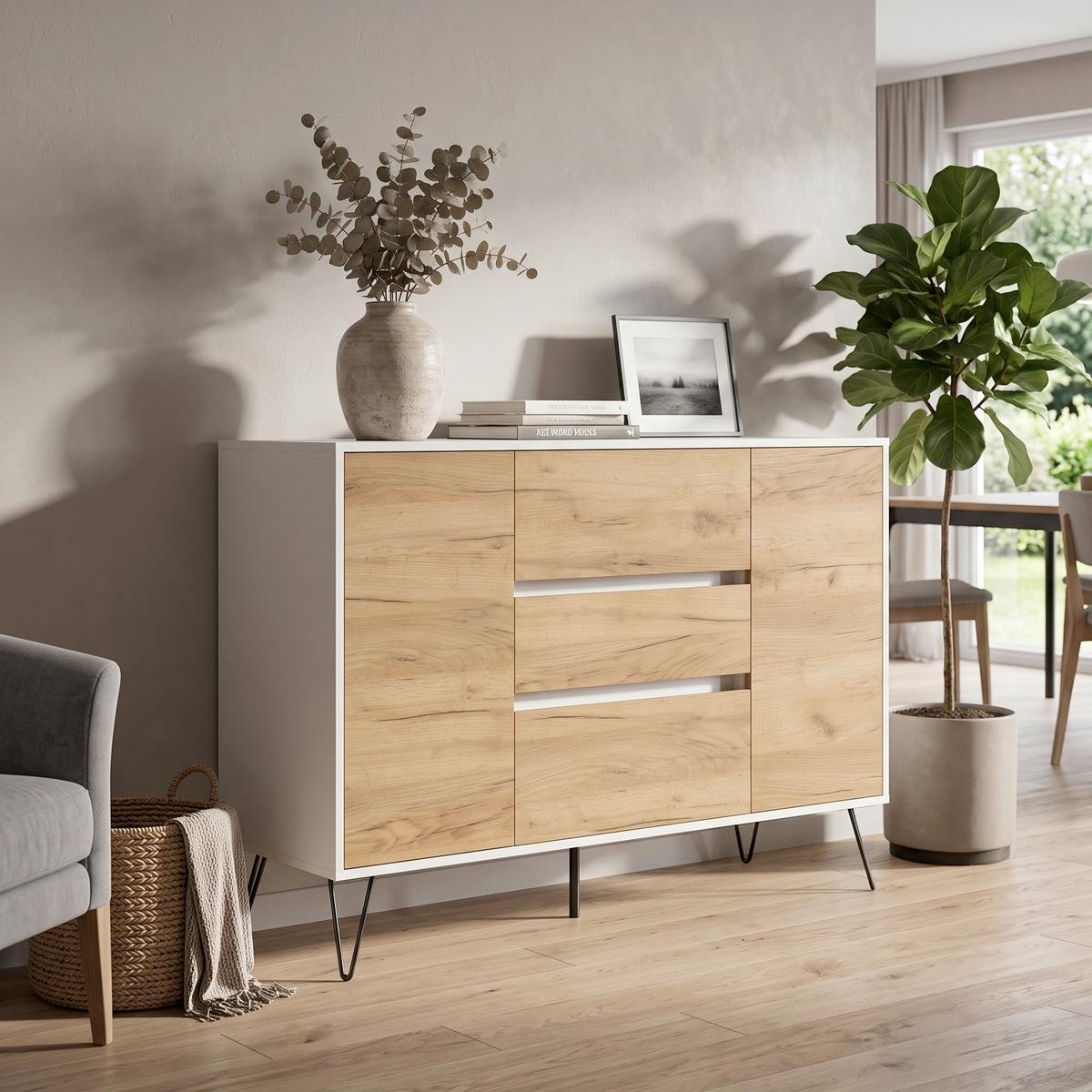 Sideboard Posseik Industrial Eichefarben/Weiß B: 140 cm - Elfenbein/Weiß Hochglanz, Design, Holzwerkstoff (140/93,6/42cm) - MID.YOU