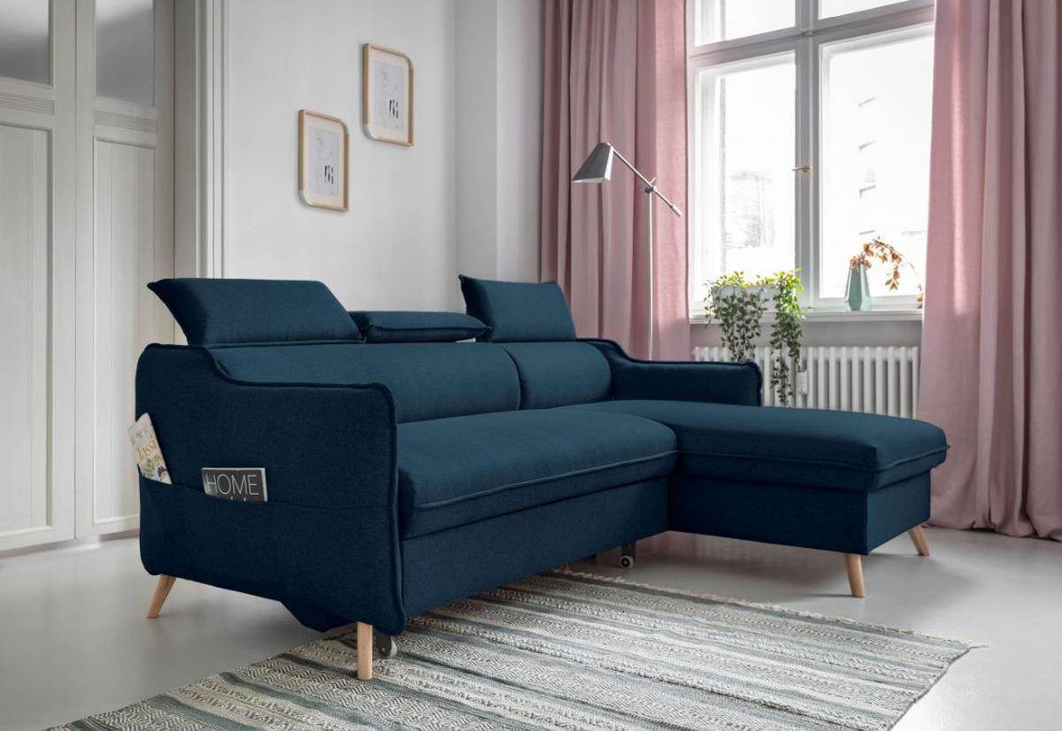 Rozkládací sedačka Simone, pravé provedení - přírodní barvy/tmavě modrá, Moderní, dřevo/textil (228/82/95/162cm)
