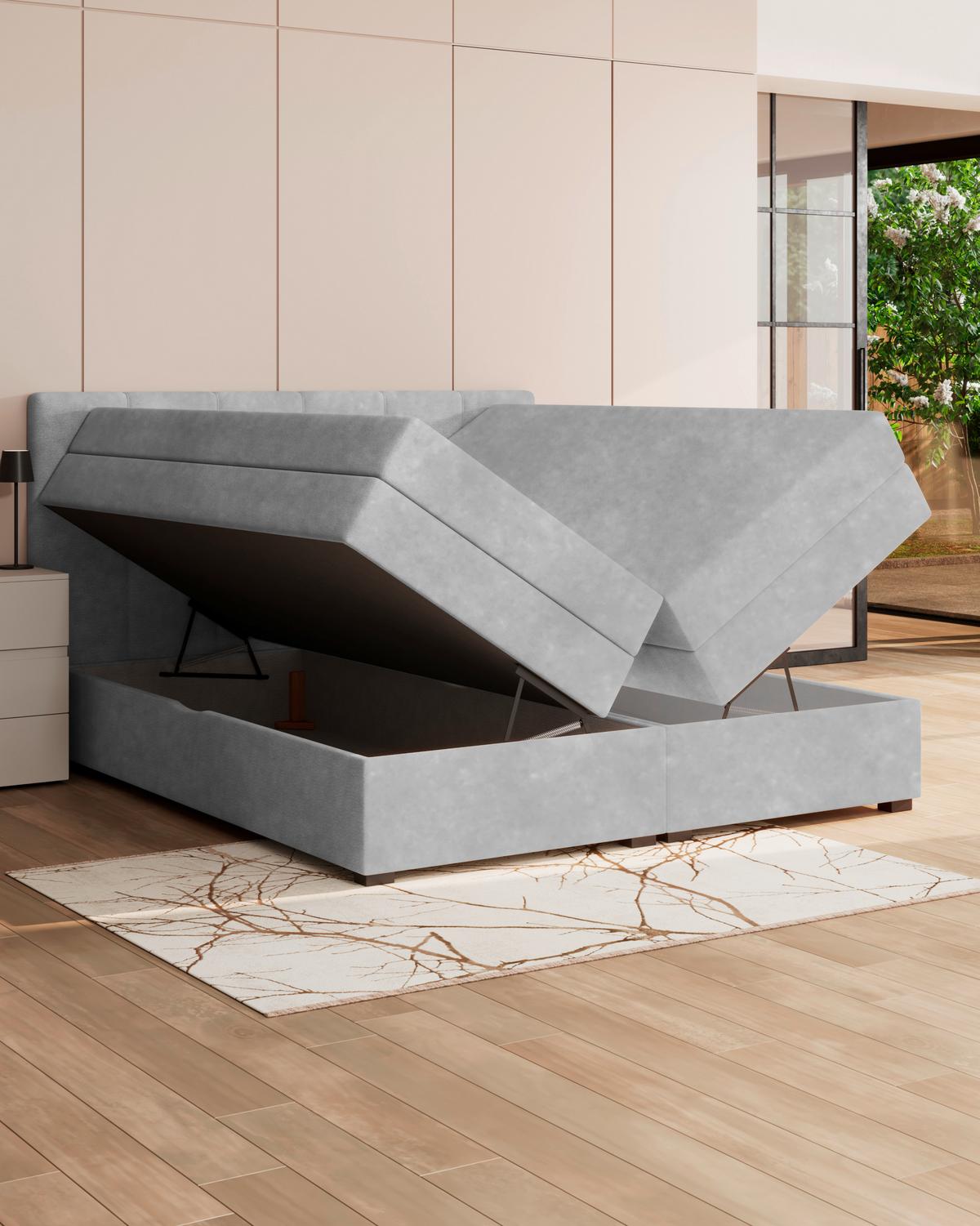 Boxspringbett mit Topper & Bettkasten 200x200 Lauro - Hellgrau/Schwarz, Trend, Textil (200/200cm)