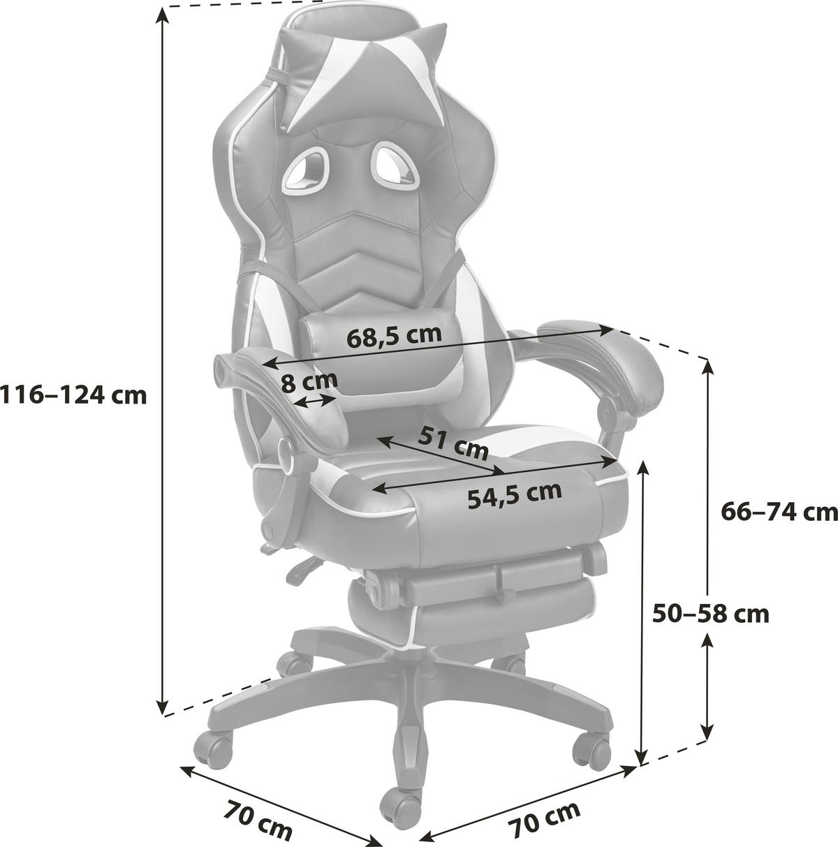 Gaming Stuhl Yaira Mit Ausziehbarer Fußstütze - Schwarz/Weiß, Design, Kunststoff/Textil (68,5/116-124/60,5cm) - Livetastic