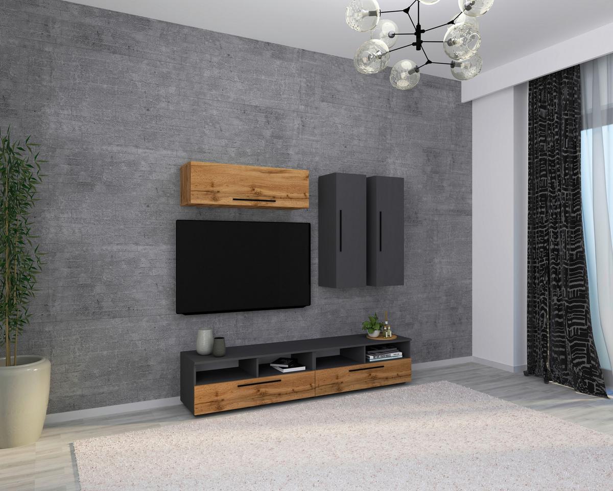 Obývacia stena Arila, 5- dielna, š: 190cm - čierna/farba duba, Modern, kompozitné drevo/plast (190/200/40cm) - MID.YOU