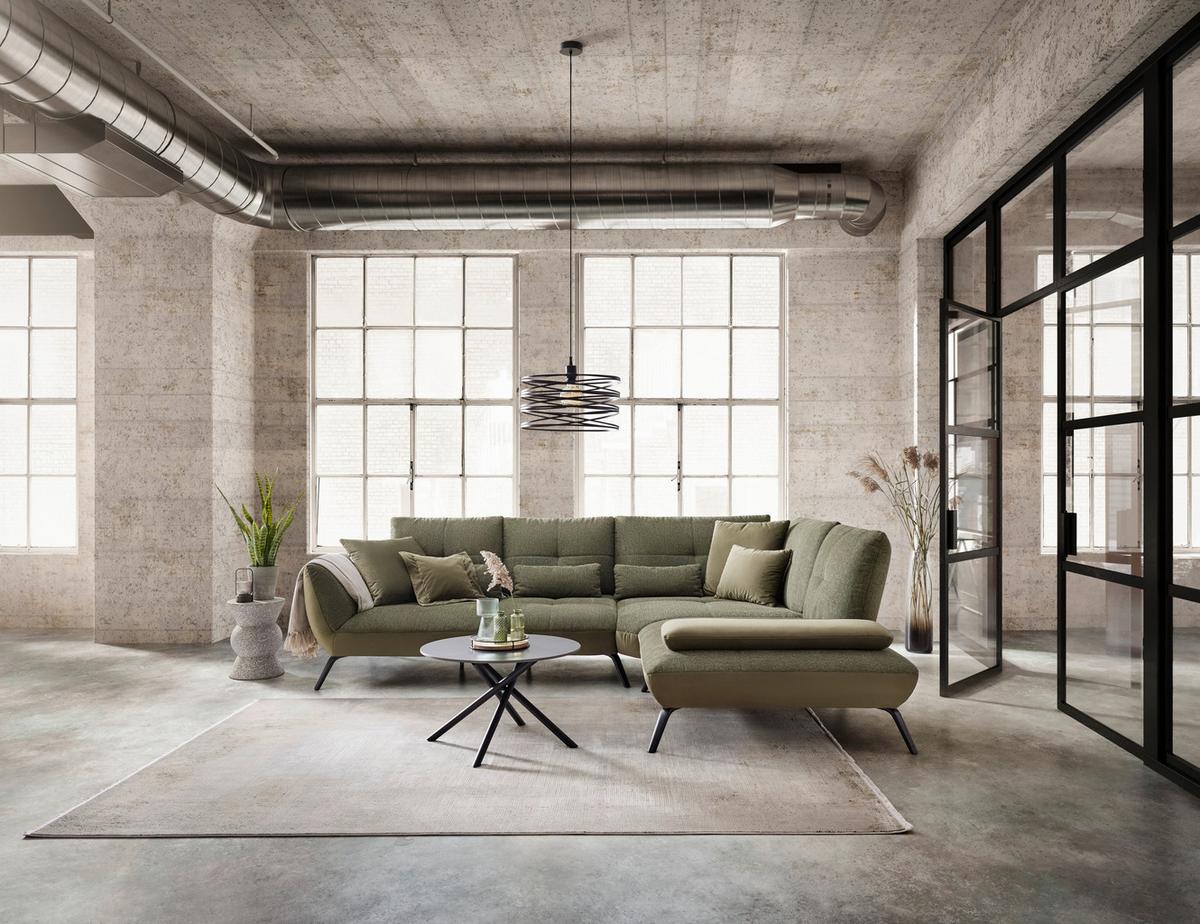 TRENDY, pravá, antracitová, s 3 bedrovými vankúšmi - olivovozelená/čierna, Modern, kov/kompozitné drevo (310/250/250cm) - Premium Living