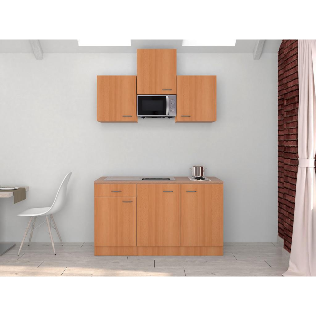 Miniküche m. Mikrowelle + Kochfeld 150 cm Creme/Buche