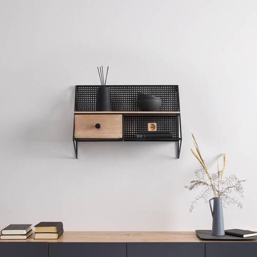 Nástenný regál LELIA - čierna/prírodná farba, Modern, kov/drevo (60/43/20cm) - Bessagi Home