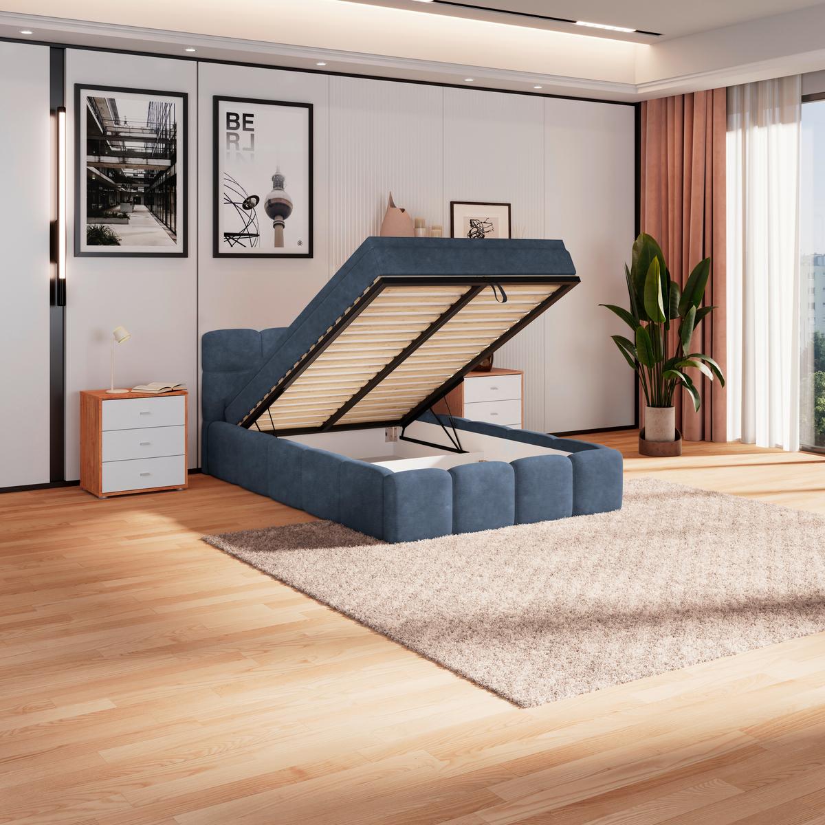 Polsterbett Noe Blau 140x200 cm - Blau/Schwarz, Trend, Textil/Metall (140/200cm)