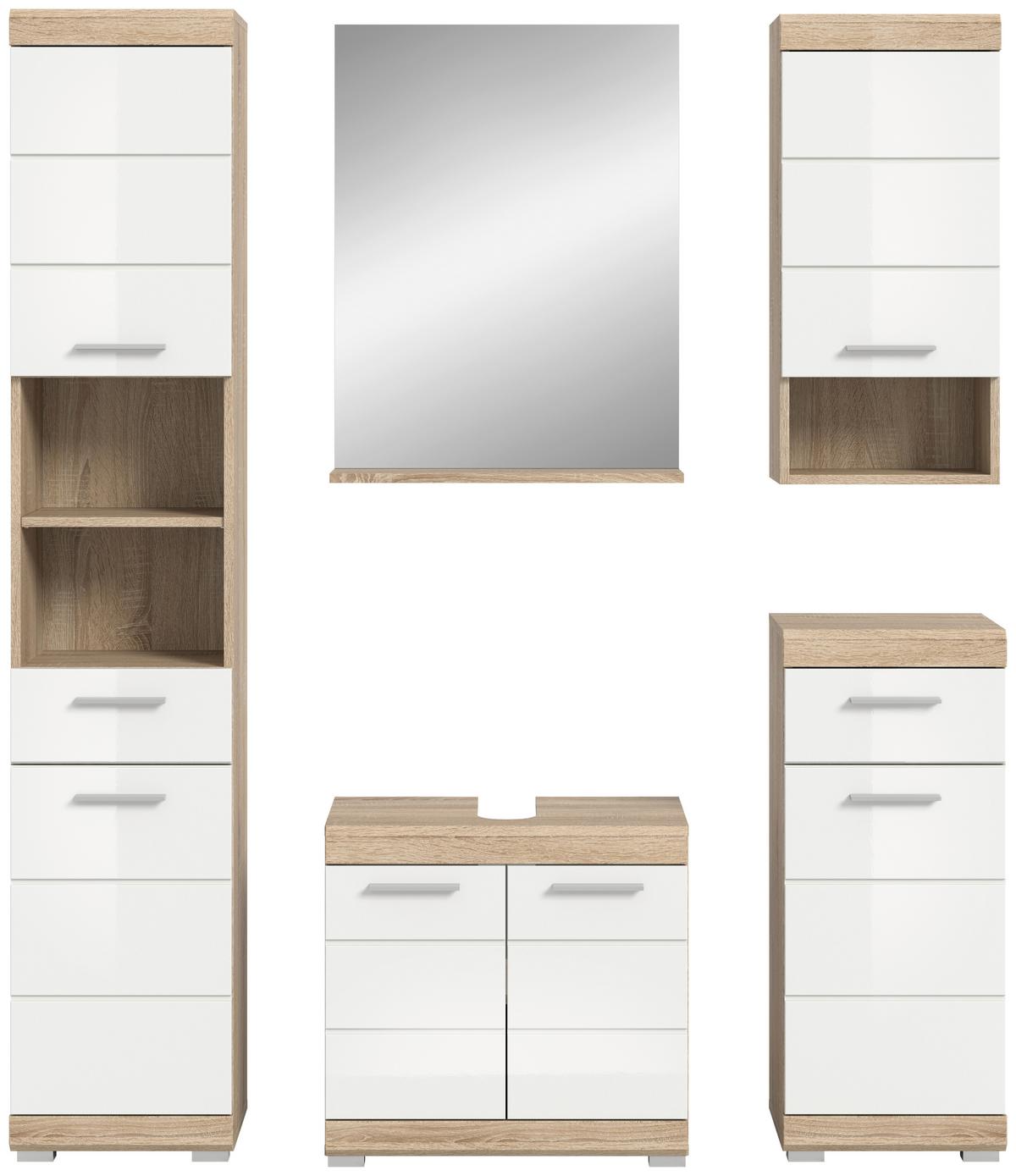 Badezimmer Lambada Eiche Dekor/weiß B: 134 Cm - Weiß Hochglanz/Silberfarben, MODERN, Glas/Holzwerkstoff (134cm) - MID.YOU
