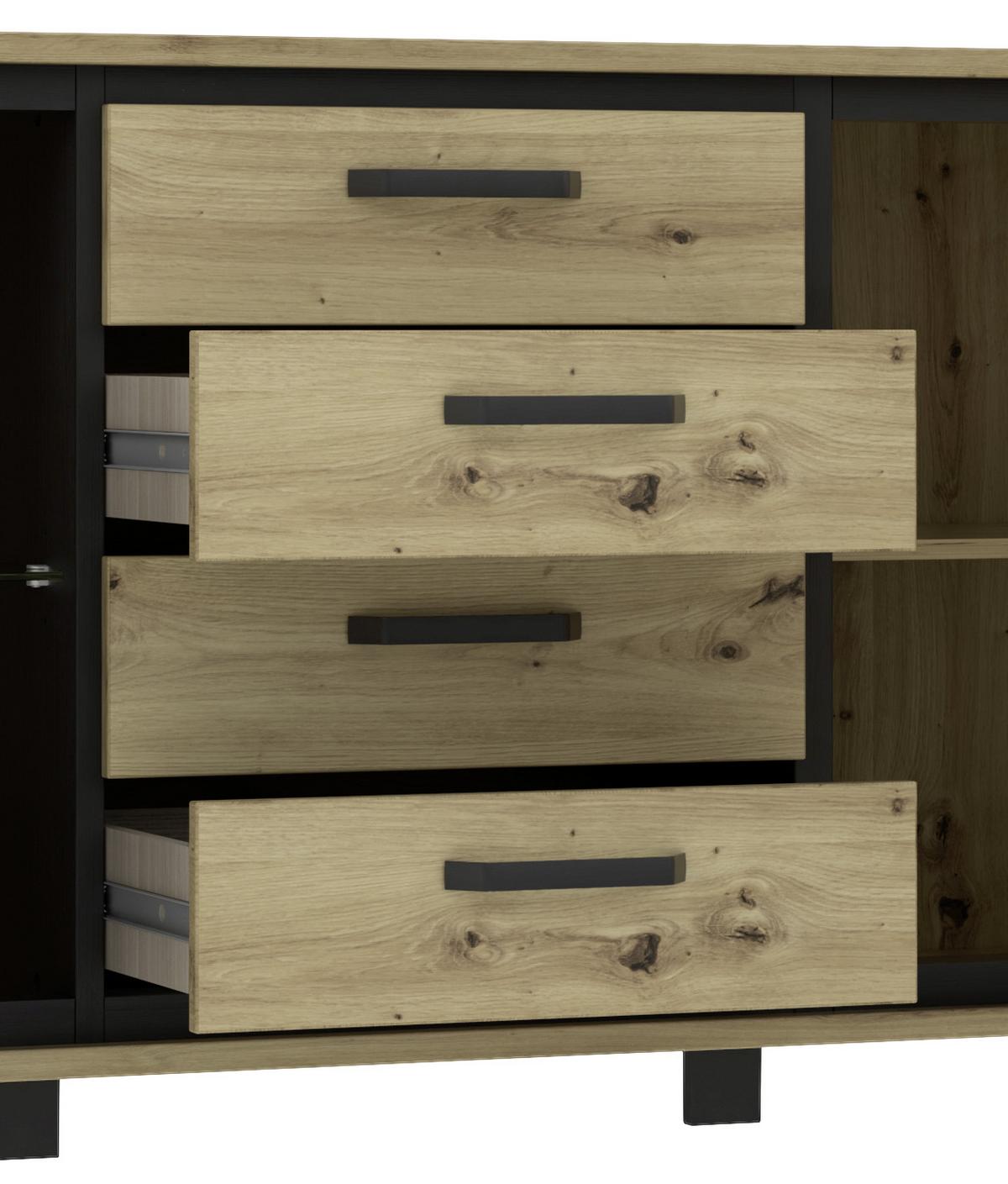 Sideboard mit Glaselement B: 177,4cm Trondheim, Eiche Dekor - Eichefarben/Schwarz, Basics, Glas/Holzwerkstoff (177,4/81,3/41,5cm) - Livetastic