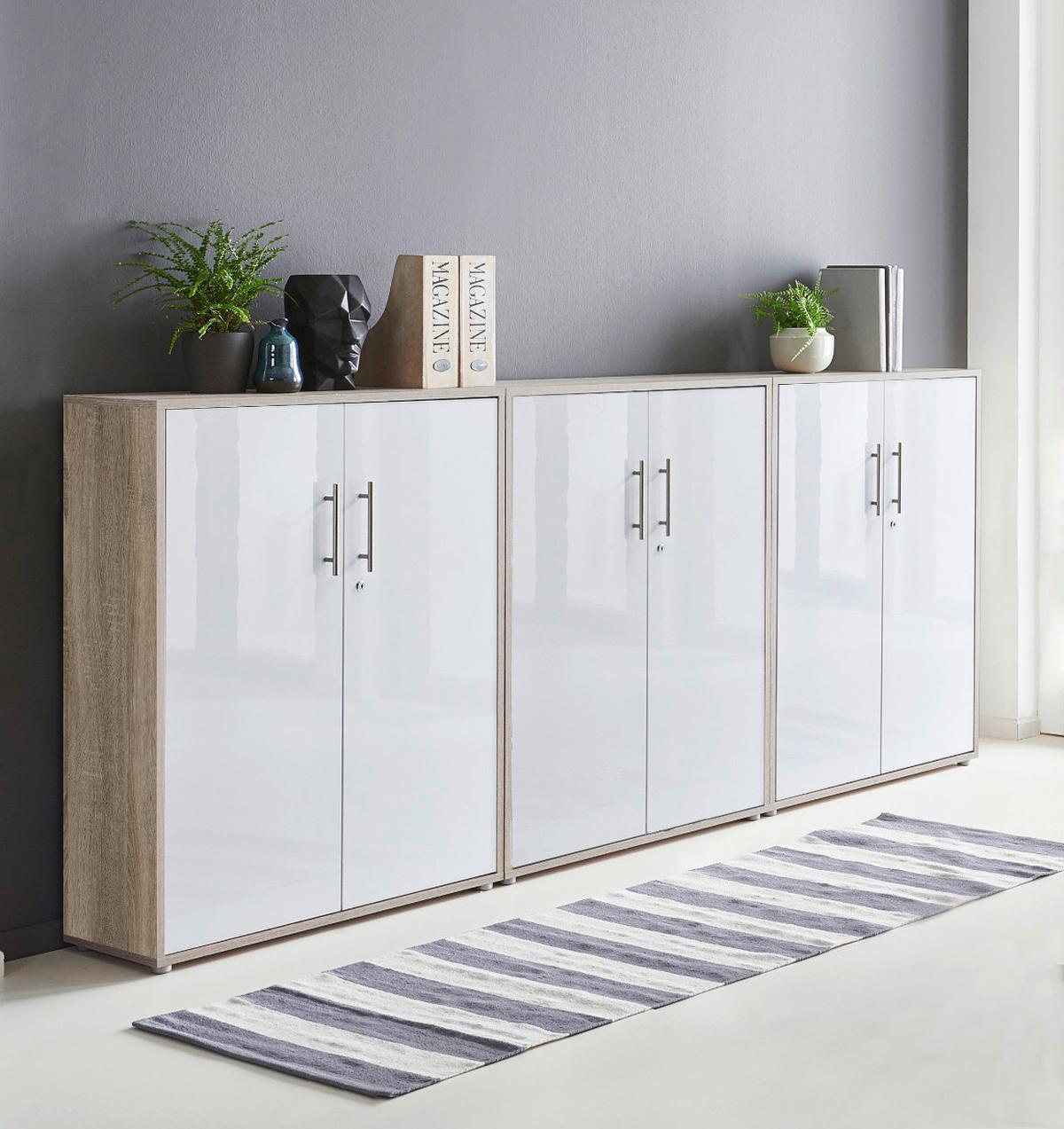 Aktenschrank Office Edition Weiß Hg/eiche Dekor B: 253,2cm - Weiß Hochglanz/Sonoma Eiche, MODERN, Holzwerkstoff (253,2/113,6/33cm) - MID.YOU