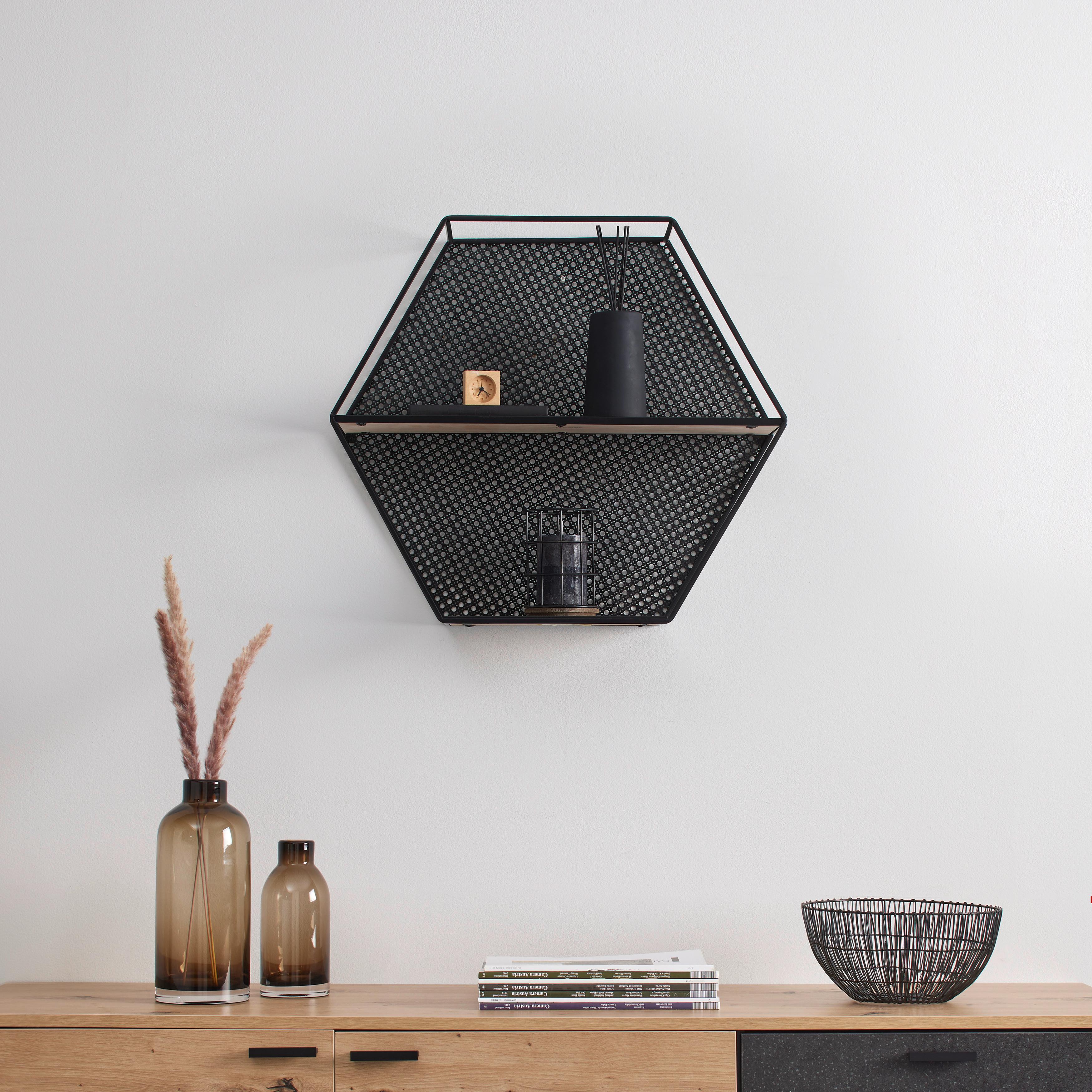 Nástěnný Regál Lelia - černá/přírodní barvy, Moderní, kov/dřevo (60/53/16cm) - Bessagi Home