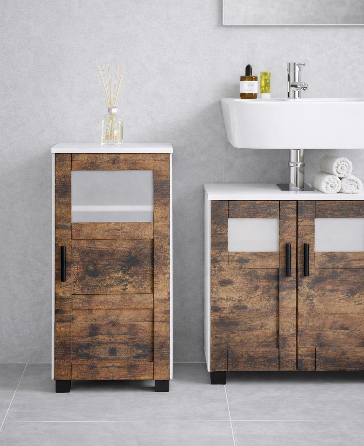 Midischrank Nilari Weiß/Eichefarben B: 38cm - Eichefarben/Weiß, Trend, Glas/Holzwerkstoff (38/70/28cm) - MID.YOU
