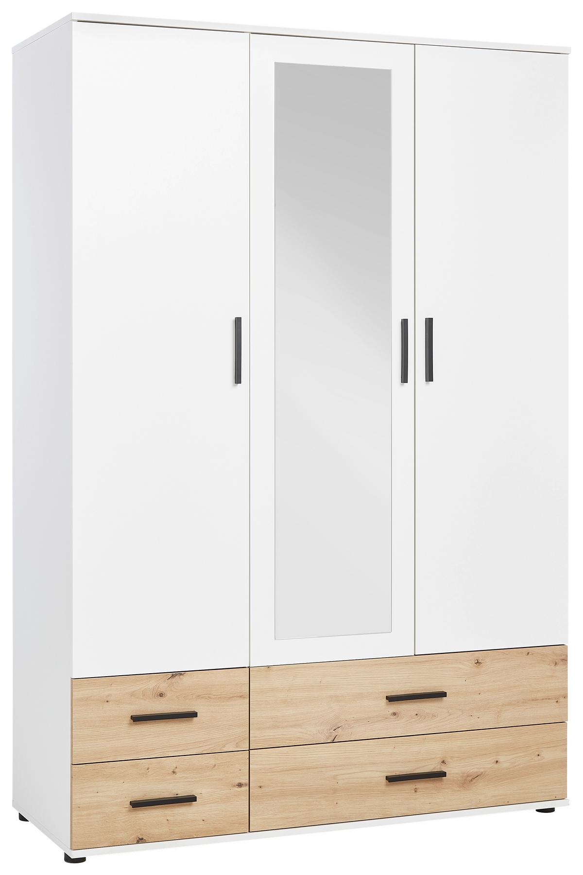 Šatní skříň se zrcadlem a zásuvkami Rasant, bílá/dub - bílá/černá, Konvenční, kompozitní dřevo/plast (127/188/52cm) - Mömax