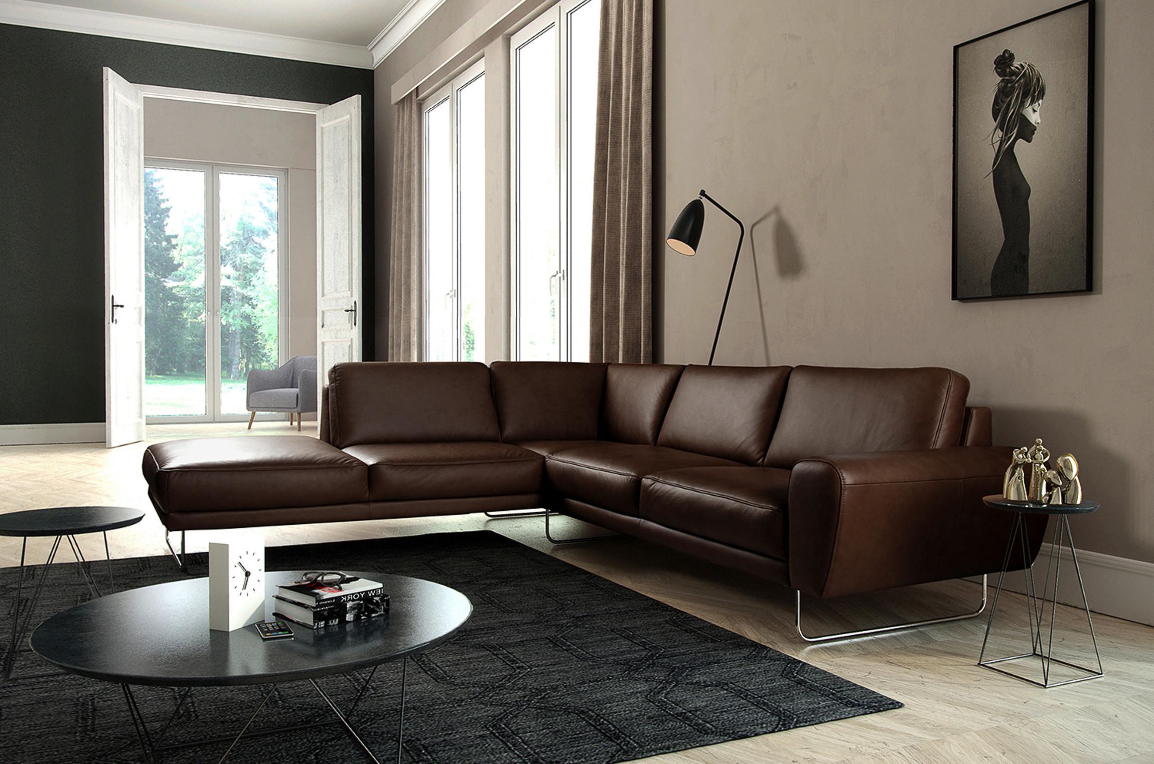 Ecksofa Spring Dunkelbraun Chrom S: 250x273cm - Chromfarben/Dunkelbraun, Design, Leder (250/273cm) - Livetastic
