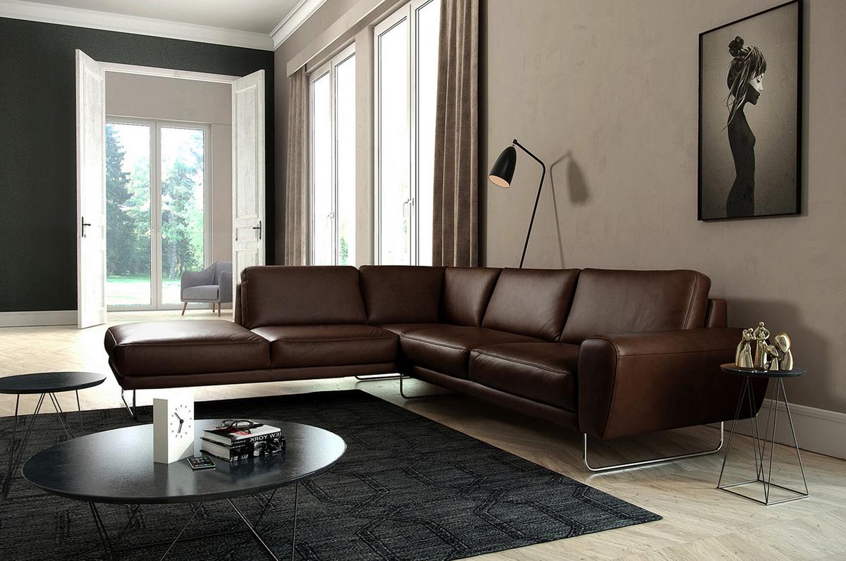 Ecksofa Spring Dunkelbraun Chrom S: 250x273cm - Chromfarben/Dunkelbraun, Design, Leder (250/273cm) - Livetastic