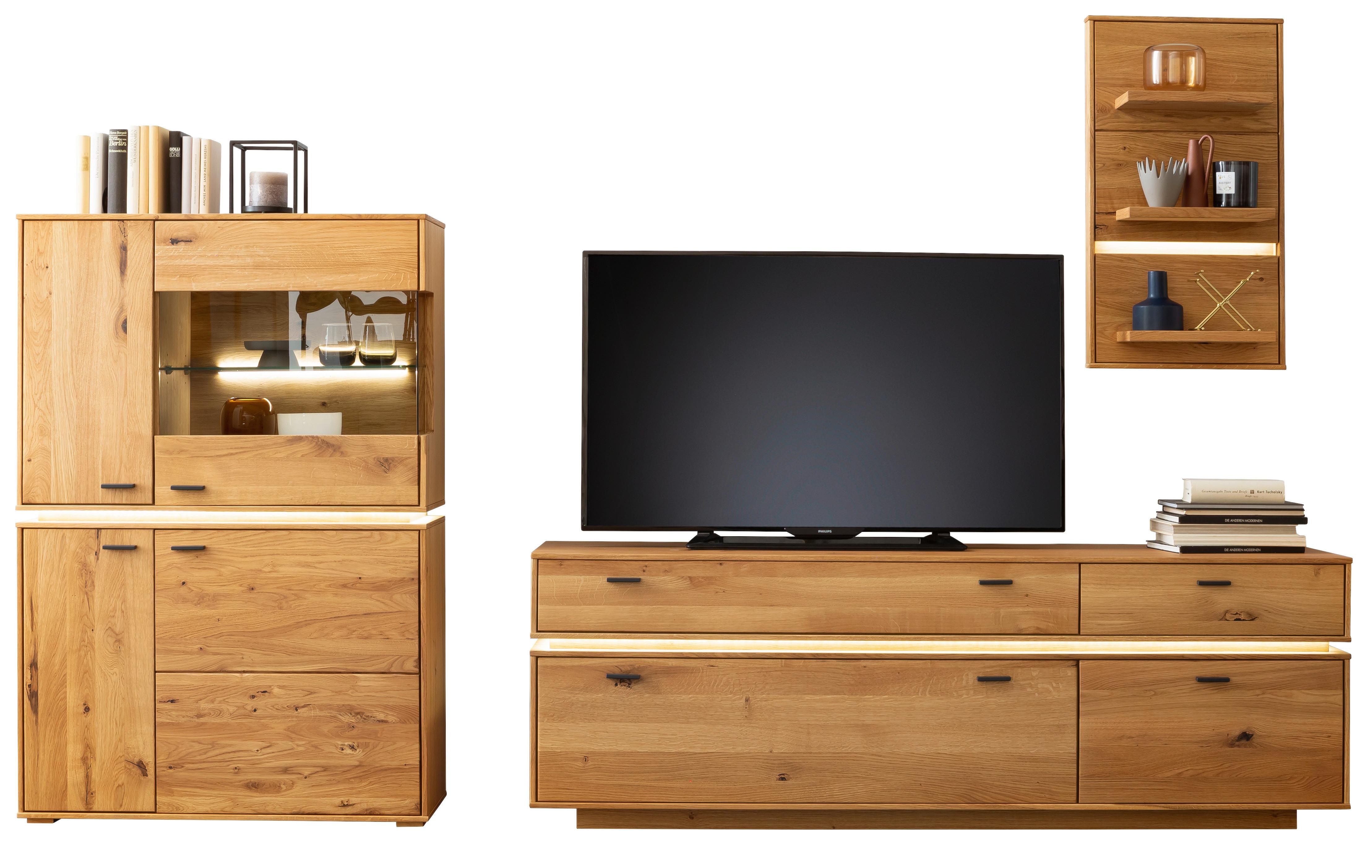 Wohnkombination Massiv 3-Tlg. Como Wildeiche - Wildeiche, Natur, Glas/Holz (286/181/51cm) - MID.YOU