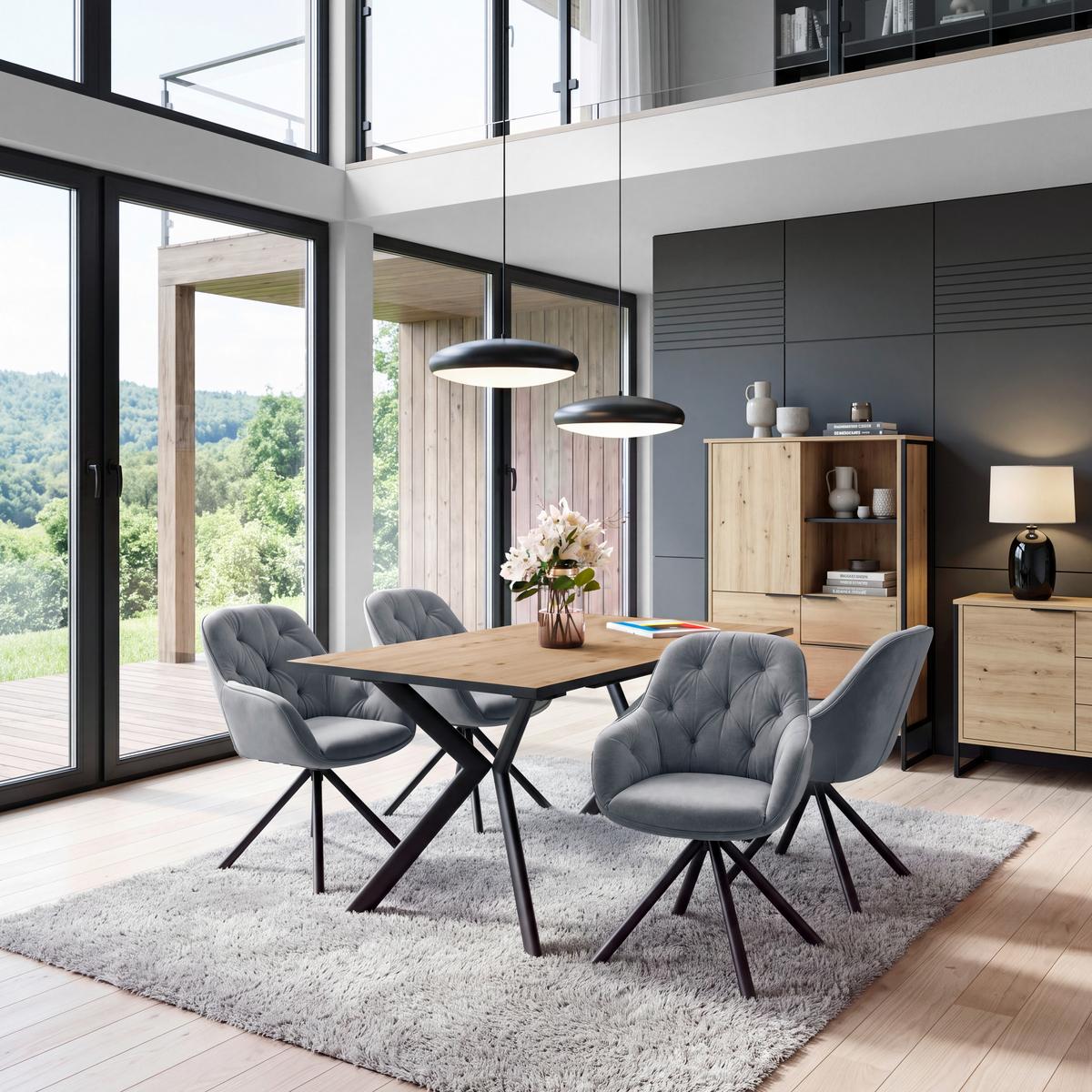 Ausziehtisch Marcel Giga 120AZ Melamin Eiche, B: 120-160cm - Eichefarben/Schwarz, MODERN, Holzwerkstoff/Metall (120-160/76/80cm)