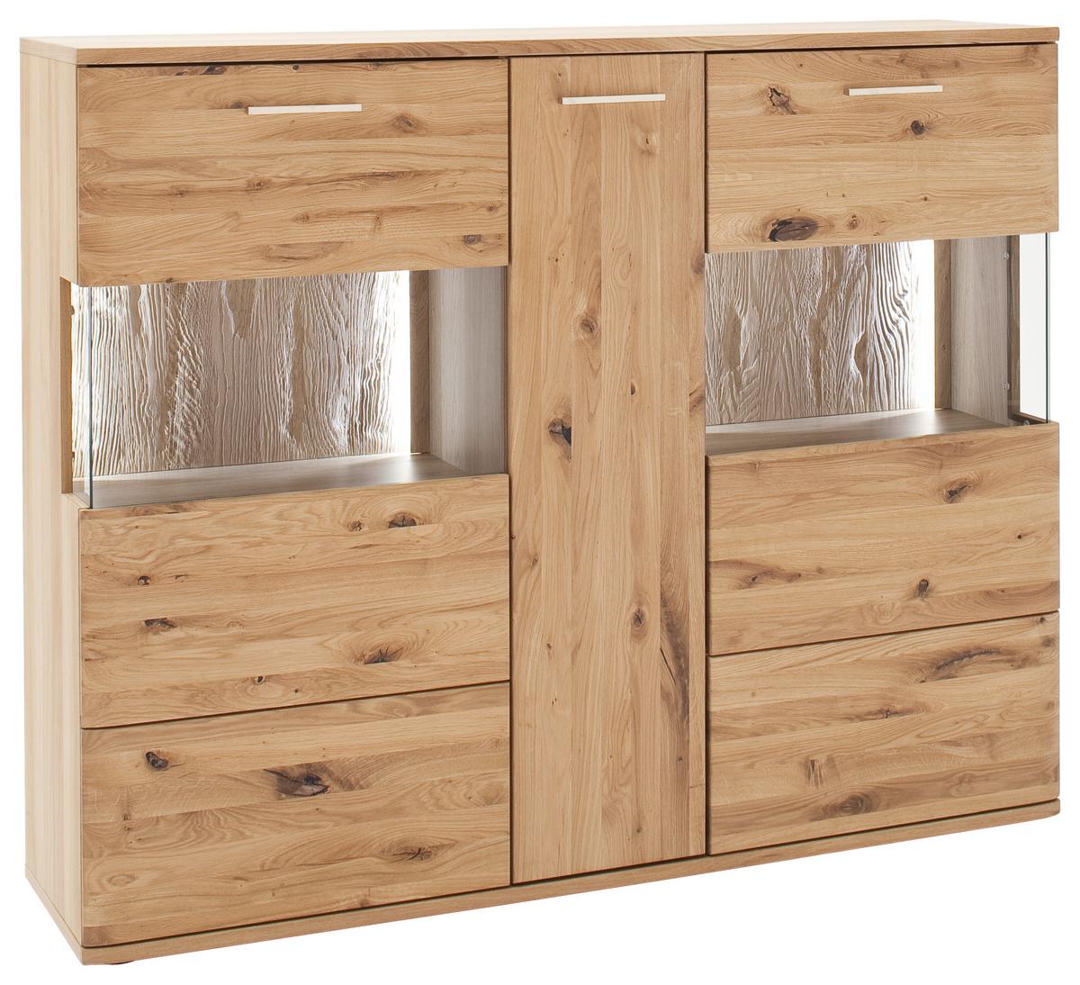 Highboard Santori Eiche teilmassiv - Eichefarben/Schwarz, Design, Glas/Holz (150/121/37cm) - Livetastic