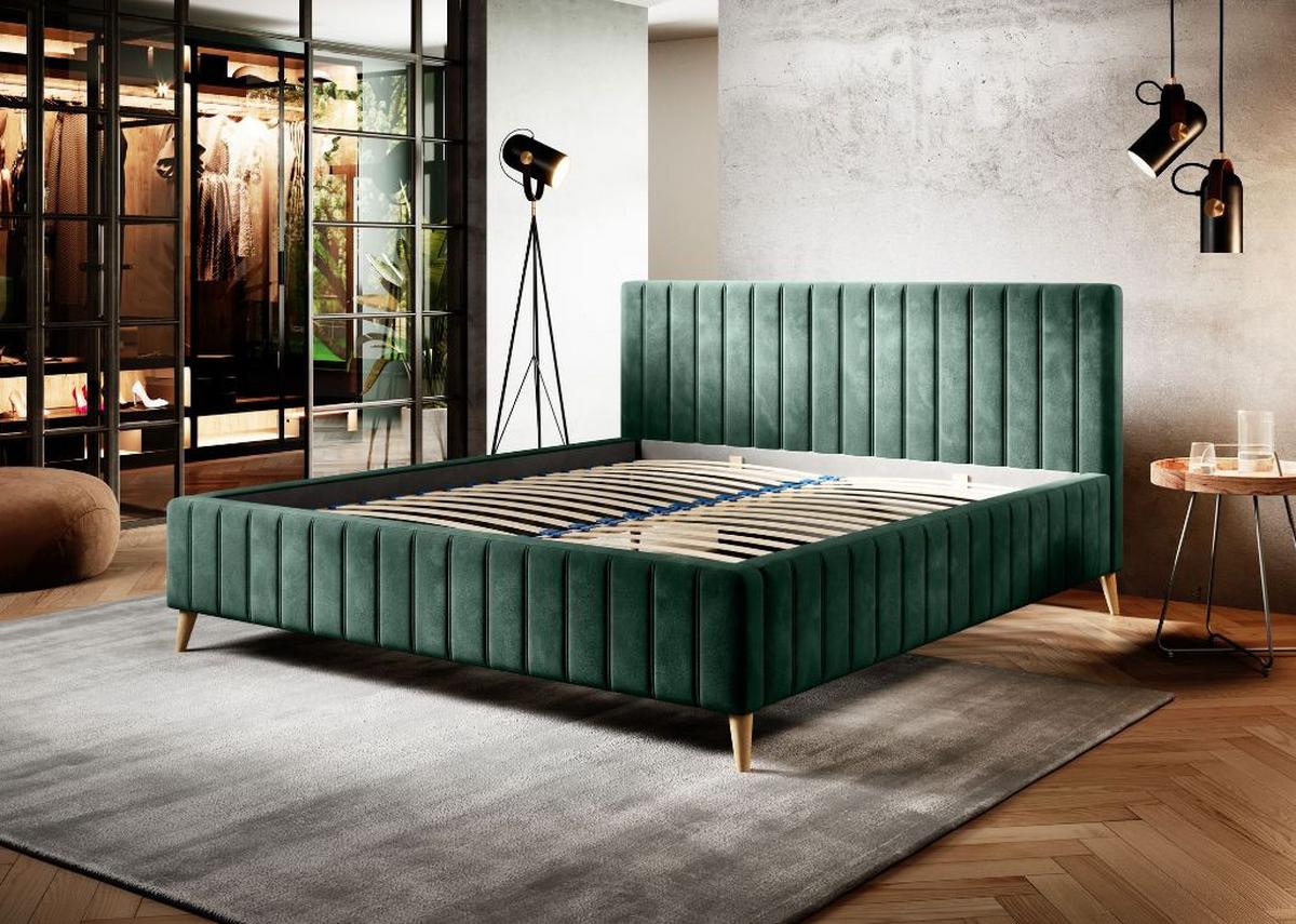 Postel s roštem Tamina, 160x200, tmavě zelená - tmavě zelená/přírodní barvy, Design, dřevo/textil (160/200cm)