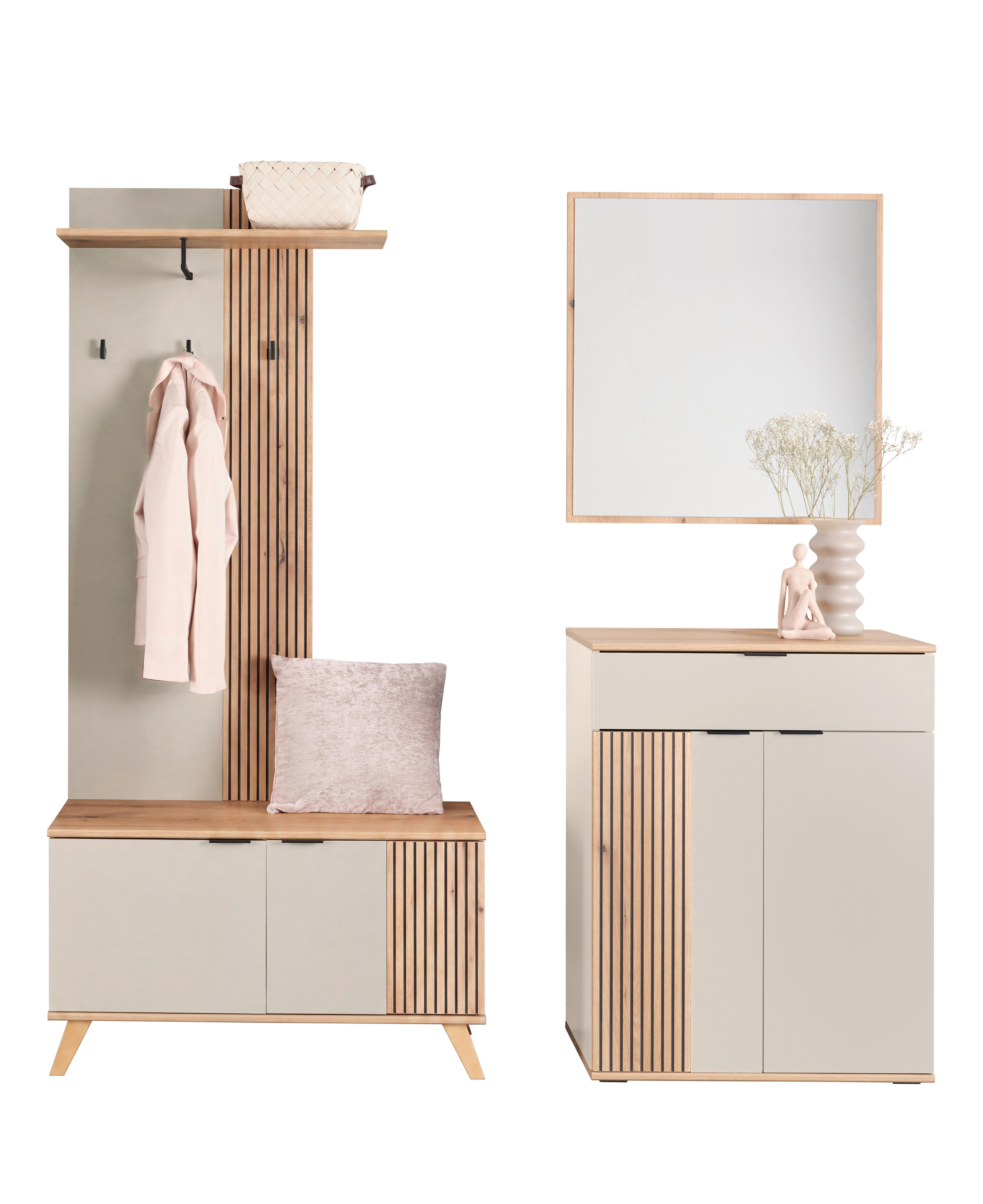 Garderobe Clever Kaschmir /Eichefarben B: 160cm - Kaschmir/Eichefarben, MODERN, Glas/Holzwerkstoff (160/139/38cm)