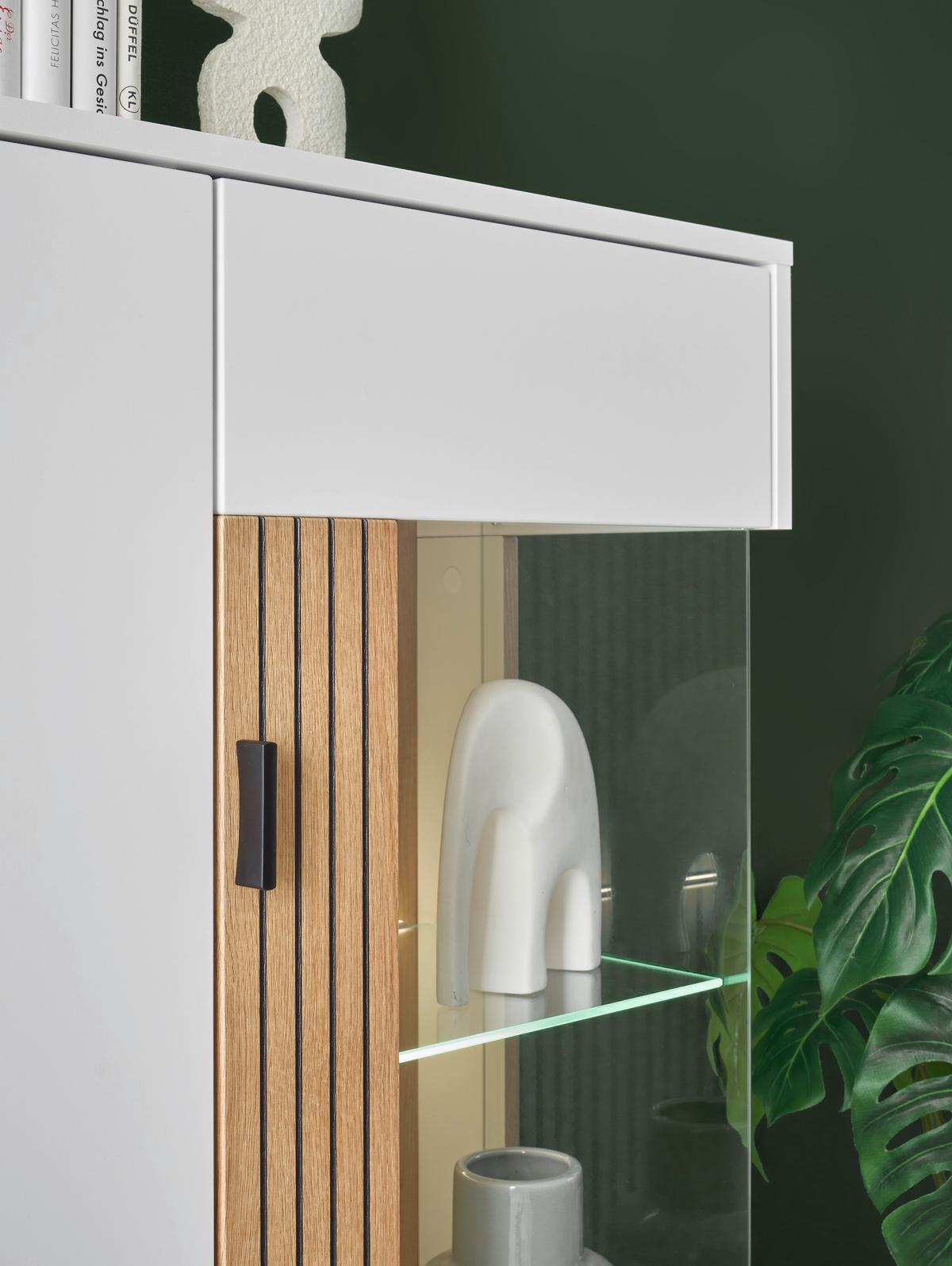 Vitrine Hudson Weiß/Eichefarben B: 75 cm - Eichefarben/Schwarz, Design, Glas/Holzwerkstoff (75/125/38cm) - MID.YOU