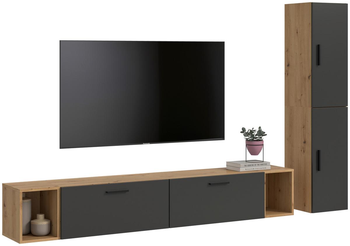 Wohnwand, The One 1, B: 259 cm Grau/Artisan Eiche Dekor - Schwarz/Eiche Artisan, Trend, Holzwerkstoff (259/182/34cm)