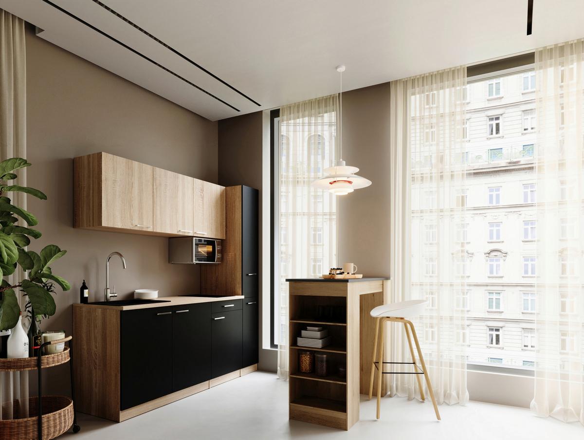KÜCHENBLOCK Ingrid, Schwarz B: 180 cm - Eichefarben/Schwarz, Design, Holzwerkstoff (180cm) - Respekta