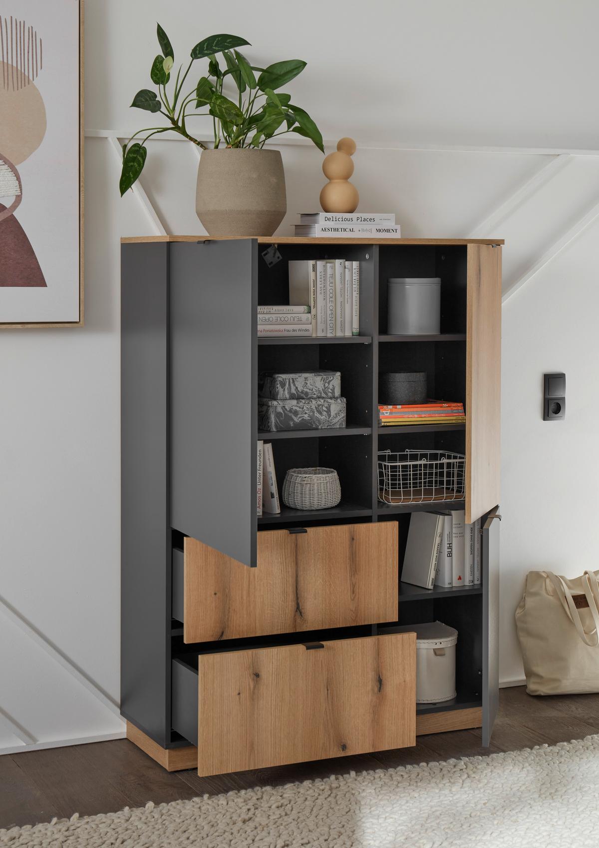 Highboard Vince II B: 191 cm Anthrazit/Evoke Oak Dekor - Eichefarben/Anthrazit, Trend, Holzwerkstoff (191/100/38cm) - Livetastic