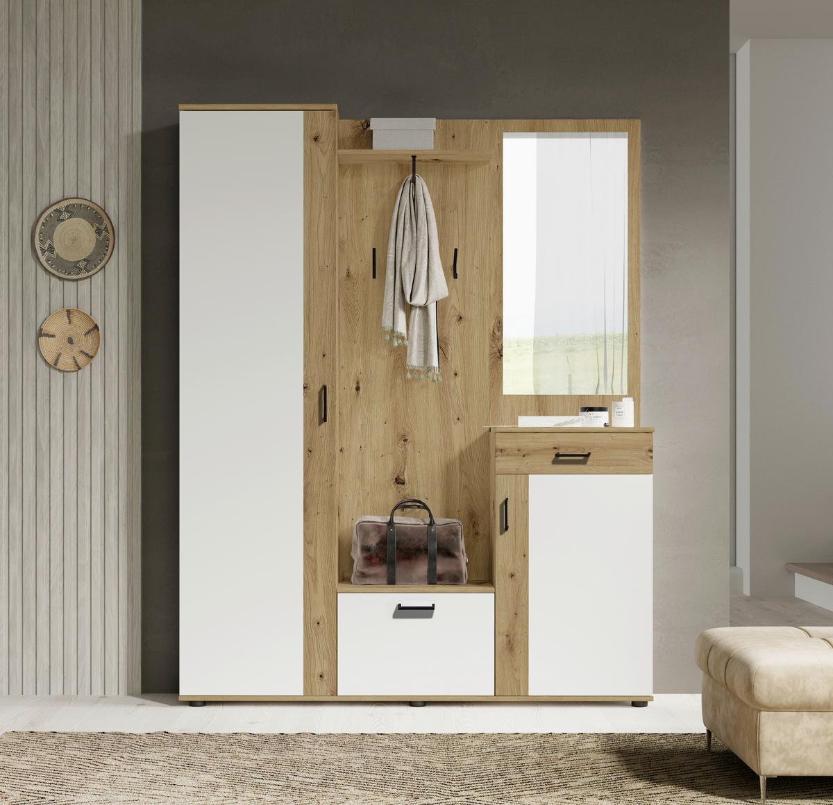 Garderobe Hanna Eiche Artisan/Weiß B: 145 cm - Weiß/Eiche Artisan, Design, Holzwerkstoff (145/184/29cm) - MID.YOU