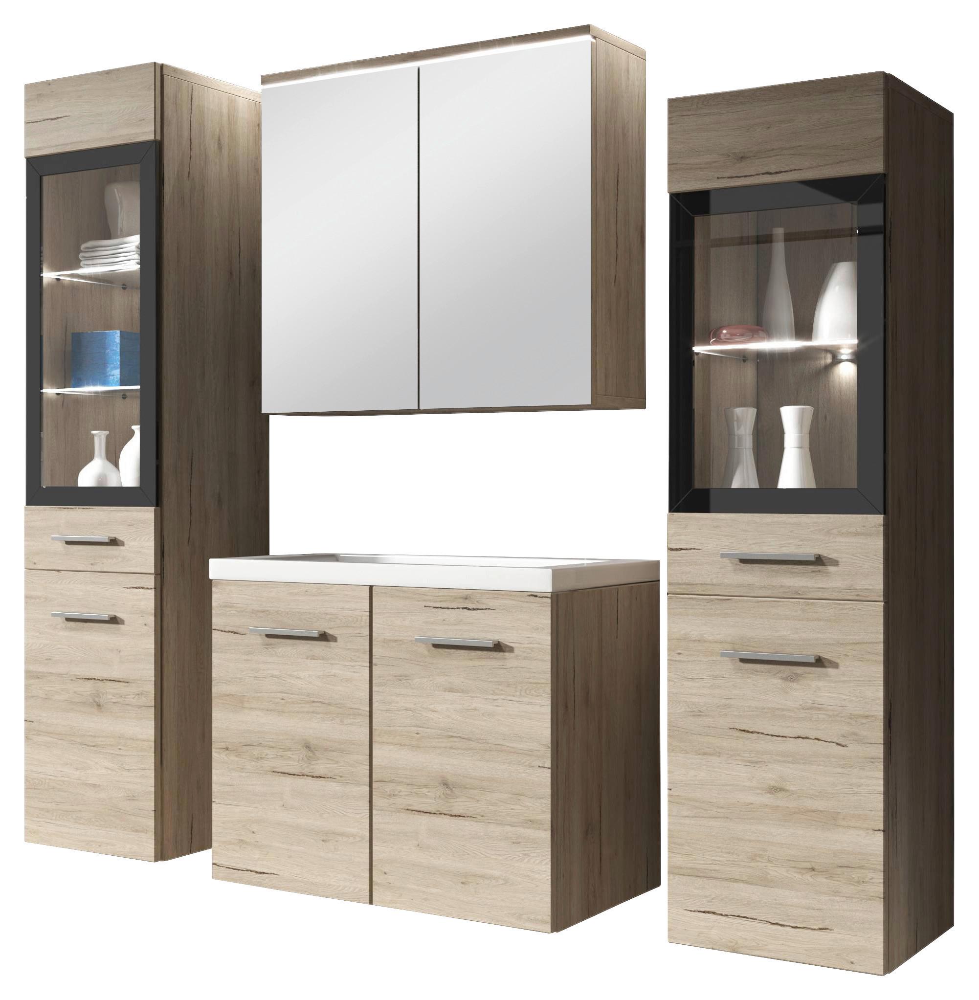 Badmöbel-Set 5-Tlg. inkl. LED Madrit San Remo Eiche Dekor - Eiche San Remo/Weiß, Basics, Glas/Holzwerkstoff (120cm) - P & B