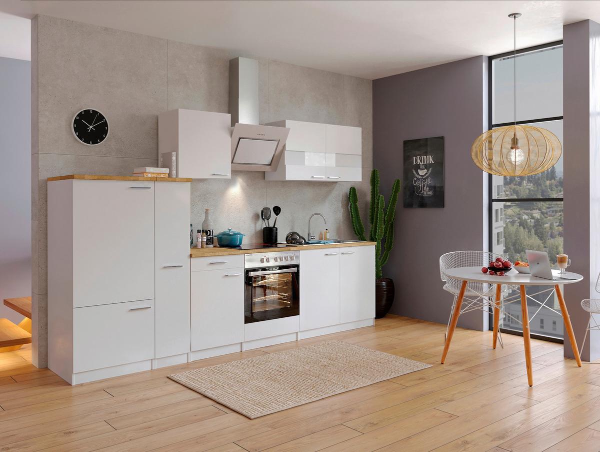 Küchenzeile Economy mit Geräten 300 cm Weiß/Nussbaum Dekor - Nussbaumfarben/Weiß, Basics, Holzwerkstoff (300cm) - Respekta