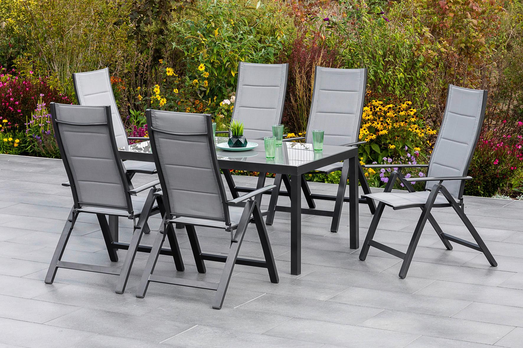 Gartenmöbel Set 7-Tlg. Florenz aus Aluminium - Dunkelgrau/Graphitfarben, KONVENTIONELL, Glas/Textil - Gardenson