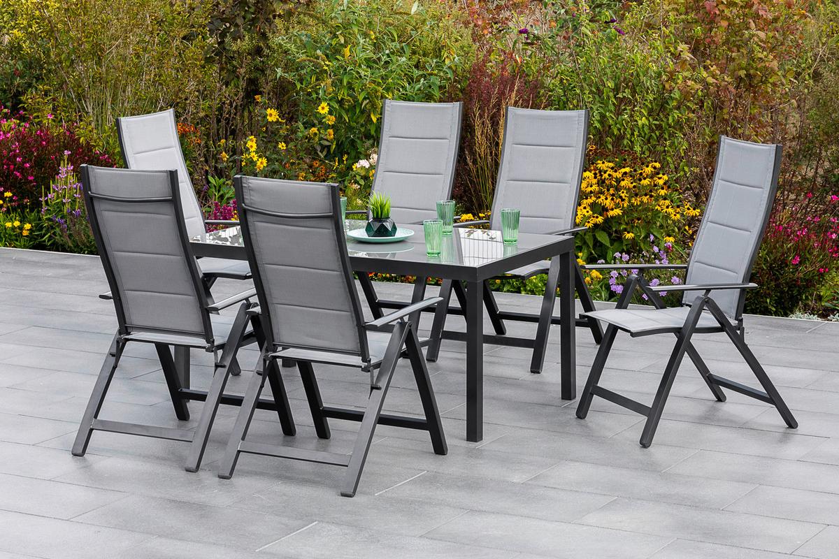 Gartenmöbel Set 7-Tlg. Florenz aus Aluminium - Dunkelgrau/Graphitfarben, KONVENTIONELL, Glas/Textil - Gardenson