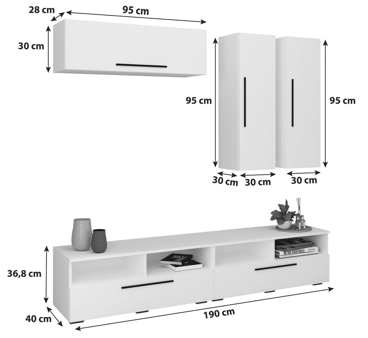 Wohnwand Arila 5-Teilig Eichefarben/Weiß B: 190 cm - Eichefarben/Schwarz, MODERN, Holzwerkstoff (190/200/40cm) - MID.YOU