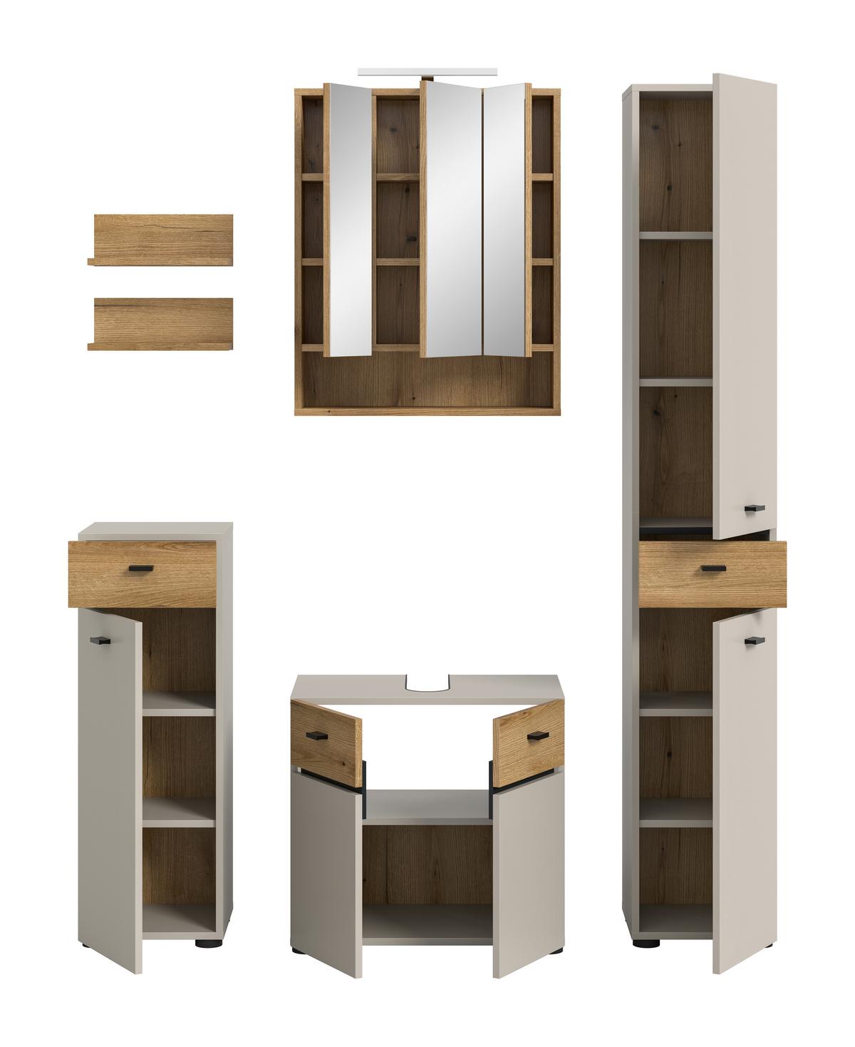 Badezimmer Aqua Kaschmir/Eichefarben B: 124cm - Kaschmir/Eichefarben, Trend, Glas/Holzwerkstoff (124cm) - MID.YOU