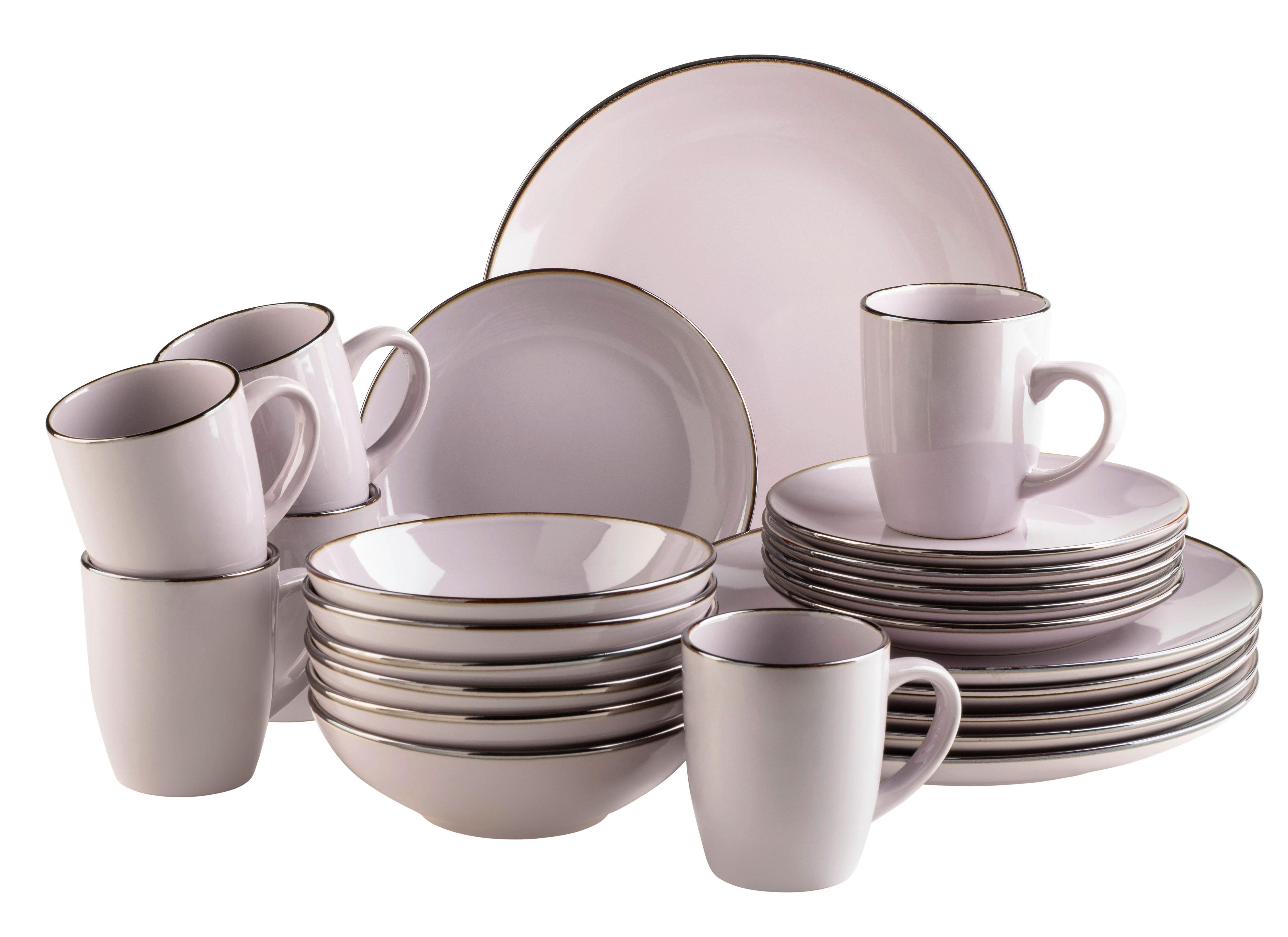 Kombiservice Metallic Rim 6 Personen Geschirr Set - Dunkelrosa, Basics, Keramik - Mäser