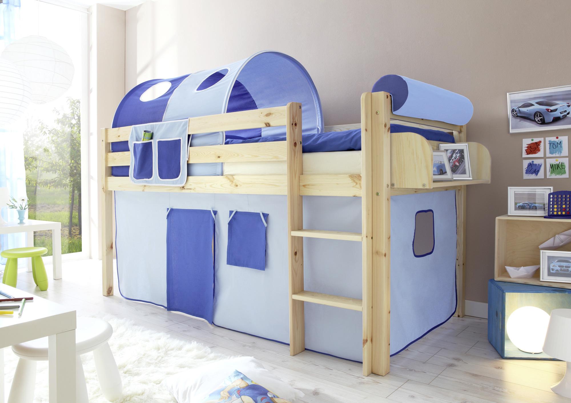 Spielbett Malte Blau Kiefer Massiv 90 cm Vorhang Leiter - Naturfarben/Dunkelblau, Natur, Holz (90/200cm) - MID.YOU