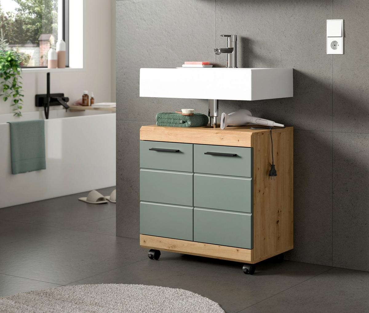 Waschebeckenunterschrank Scout Salbeigrün/Eiche Dekor B: 60cm - Salbeigrün/Schwarz, Trend, Holzwerkstoff (60/60/34cm) - MID.YOU