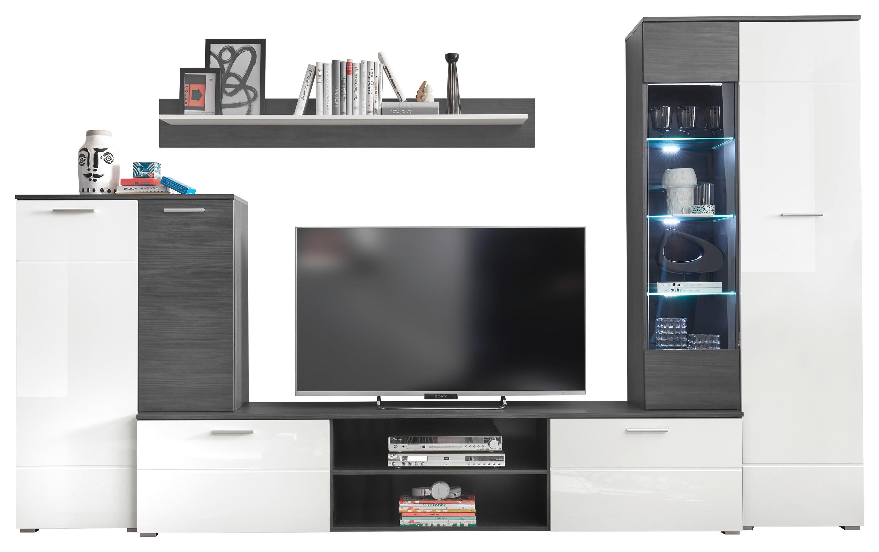 Wohnwand 4-tlg. Mit Led Melody, Weiß/anthrazit - Weiß Hochglanz/Anthrazit, KONVENTIONELL, Glas/Holzwerkstoff (312/190cm) - MID.YOU