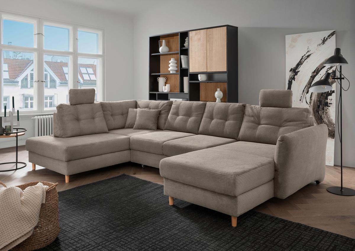 Wohnlandschaft Brizzini mit Schlaffunktion, Graubraun - Graubraun/Naturfarben, MODERN, Textil (206/338-352/176cm) - Livetastic