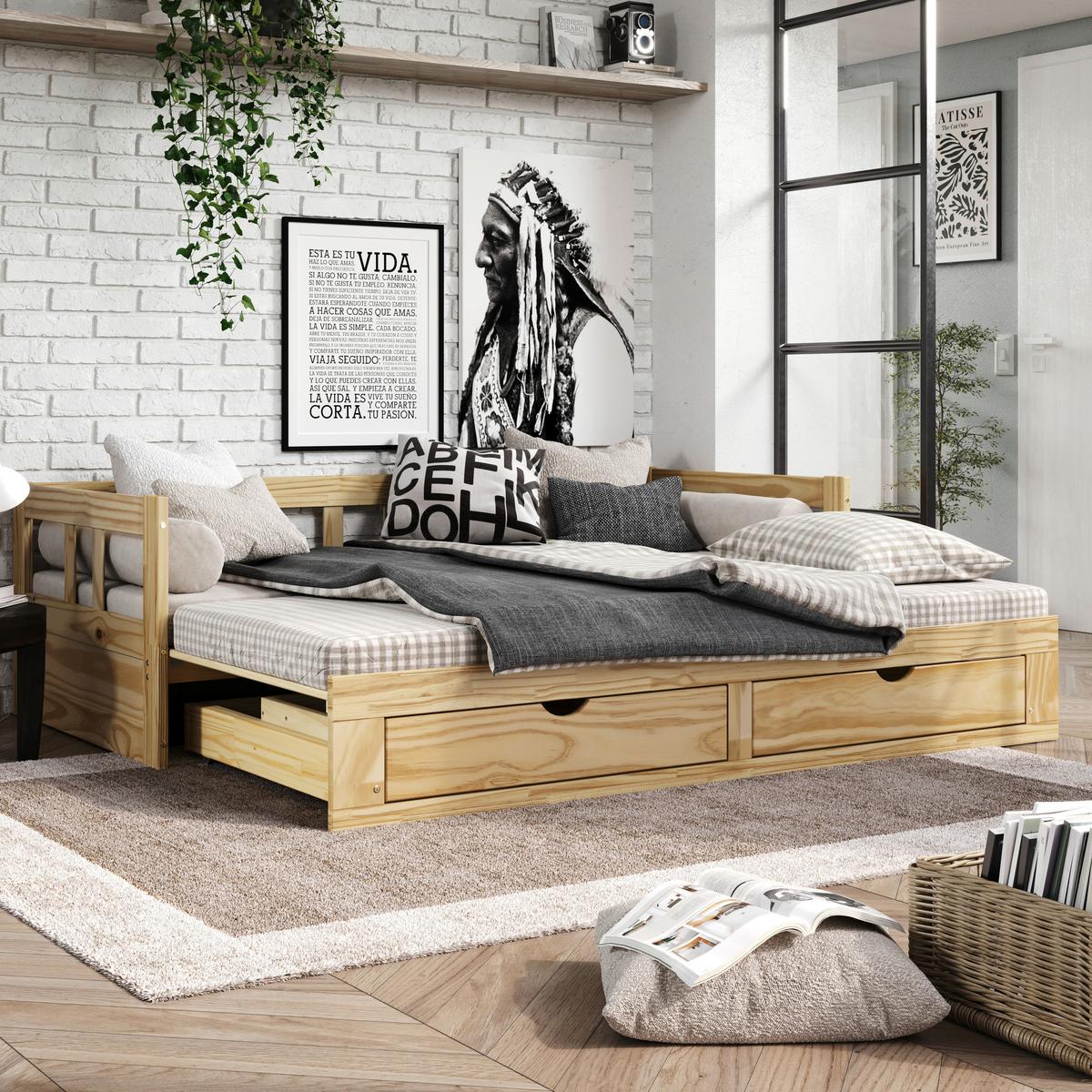 Ausziehbett Kiefer +lattenrost 90x200 cm Livio Natur - Naturfarben, MODERN, Holz/Holzwerkstoff (90/200cm) - MID.YOU