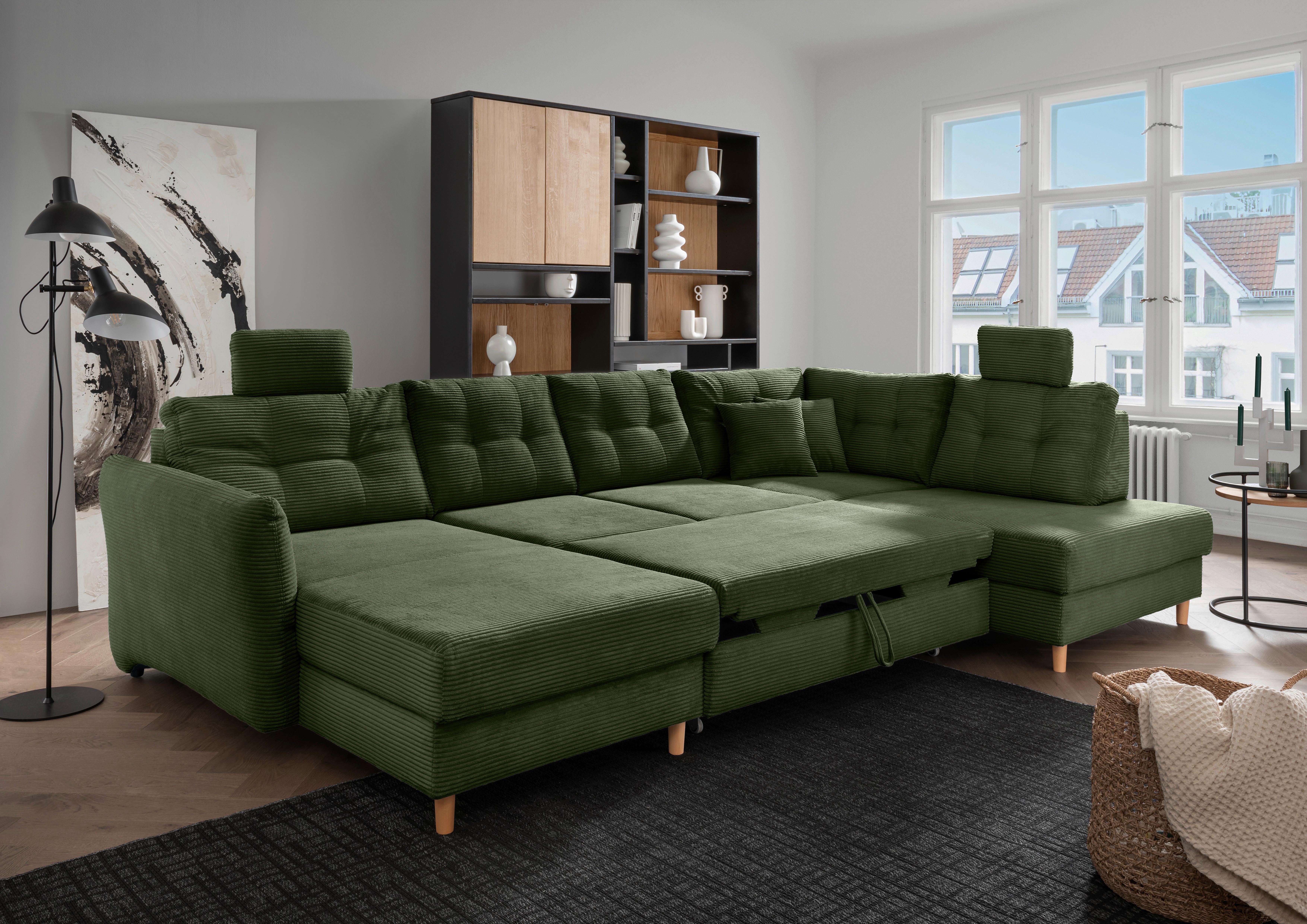 Wohnlandschaft Brizzini Mit Schlaffunktion, Dunkelgrün - Dunkelgrün/Naturfarben, MODERN, Textil (176/338-352/206cm) - Livetastic