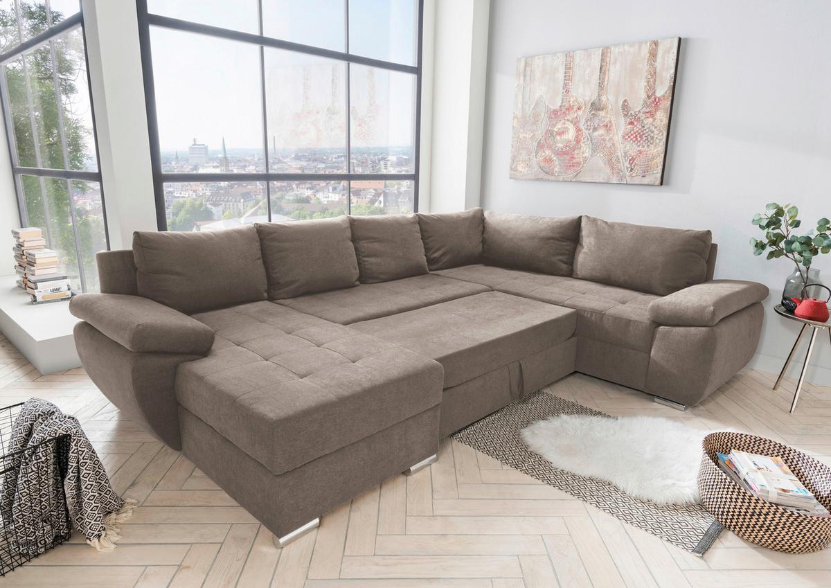 Wohnlandschaft Terana Mit Schlaffunktion, Taupe - Taupe/Chromfarben, KONVENTIONELL, Textil (157/305/219cm) - Livetastic