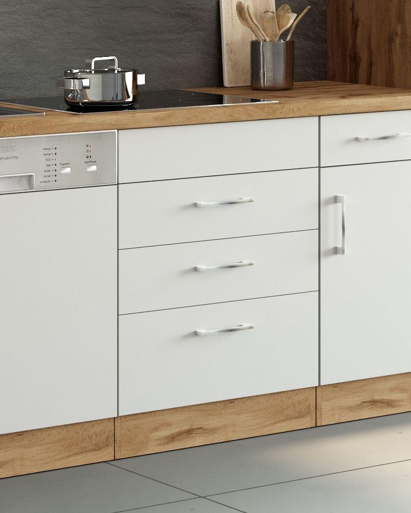 Küchenzeile in Weiß und Eiche Dekor mit Bügelgriffen