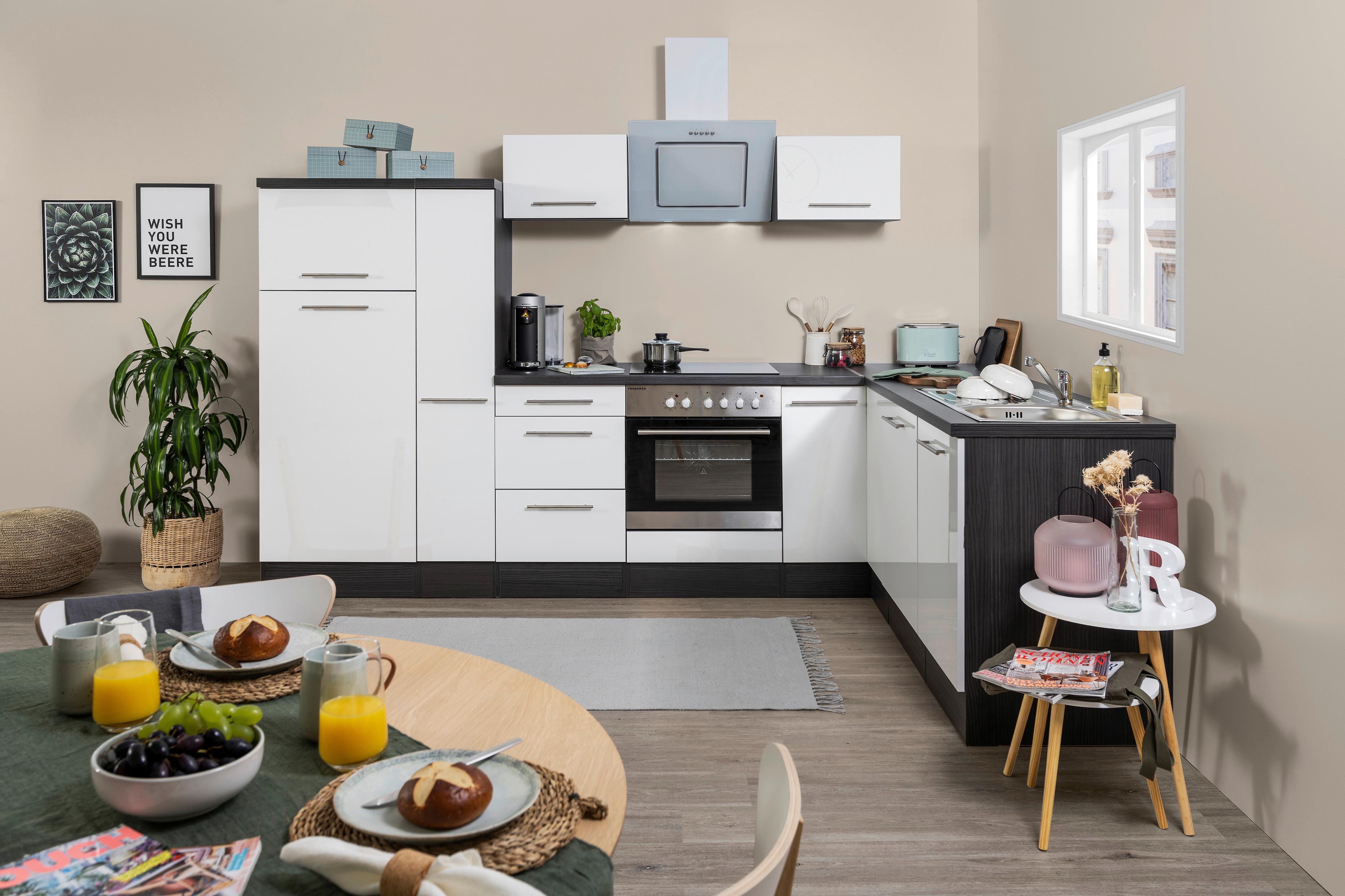Eckküche Rp290ewc mit Geräten 290x200 cm Weiß - Eichefarben/Eiche grau, Basics, Holzwerkstoff (290/200cm) - Respekta