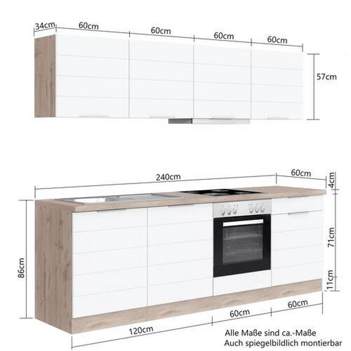 Küchenzeile Florenz mit Geräte B: 240 cm Weiß/Eichefarben - Eiche Wotan/Weiß, Design, Holzwerkstoff (240cm) - Held