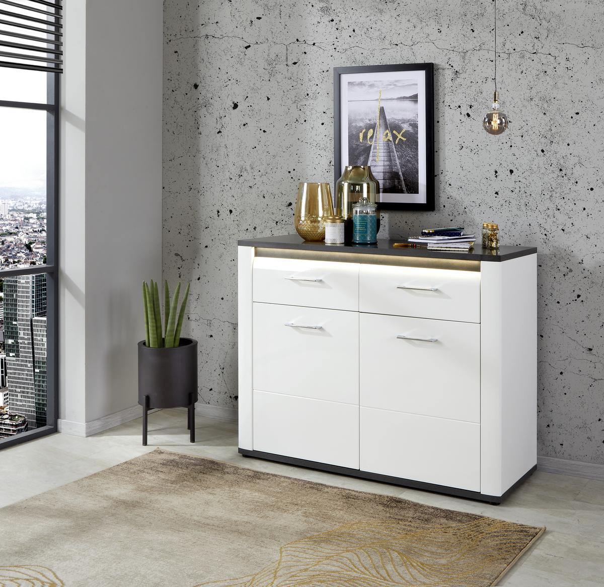 Kommode mit Beleuchtung + Soft-Close 109cm Alassio, Weiß - Schwarz/Graphitfarben, MODERN, Holzwerkstoff (109/86,2cm) - Luca Bessoni