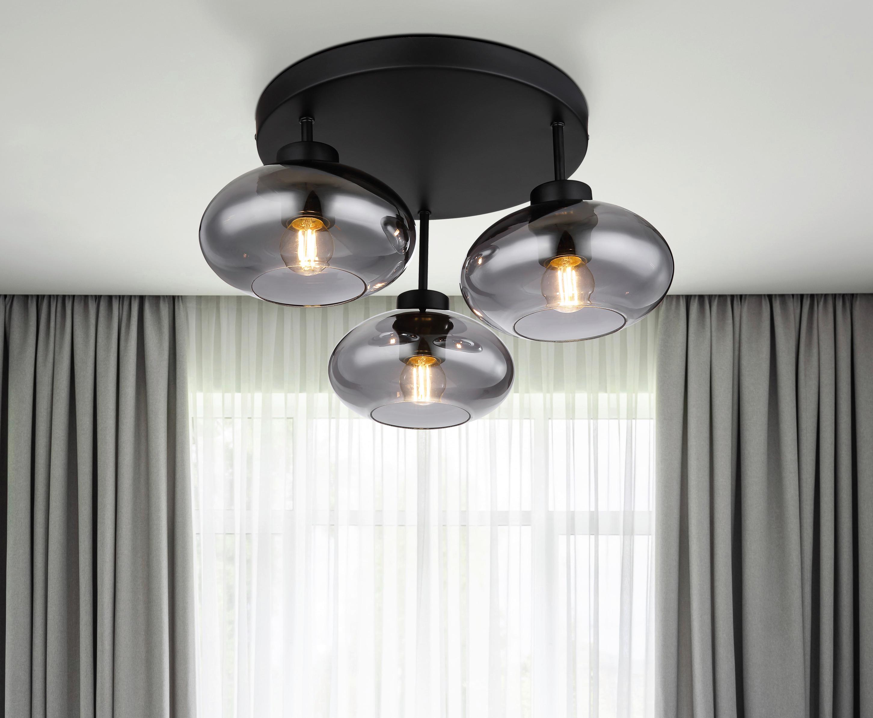 Deckenleuchte Ø 40 Cm 3-Flammig Mit Rauchglas - Schwarz, Design, Glas/Metall (40/24cm) - Globo
